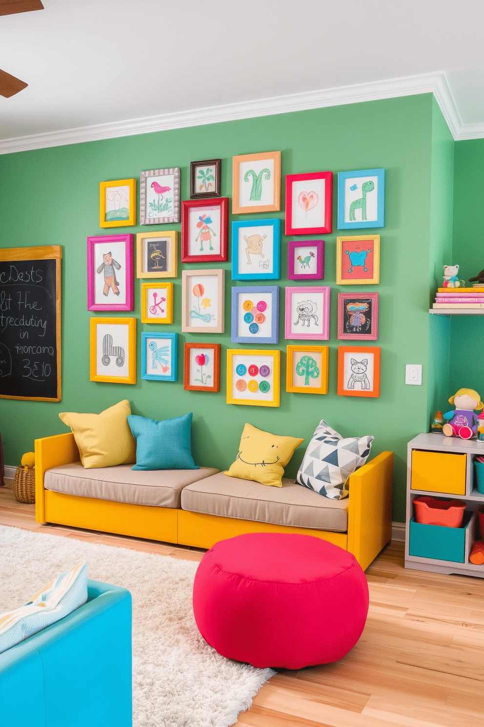 A vibrant gallery wall showcases an array of kids' artwork, featuring colorful drawings and paintings framed in playful, mismatched frames. The wall is complemented by a cozy seating area with plush cushions and a soft rug, creating an inviting space for creativity and imagination. The living room playroom design incorporates a blend of functionality and fun, with a spacious layout that allows for both relaxation and play. Brightly colored furniture pieces and interactive elements, like a chalkboard wall and storage for toys, encourage creativity while maintaining a stylish aesthetic.