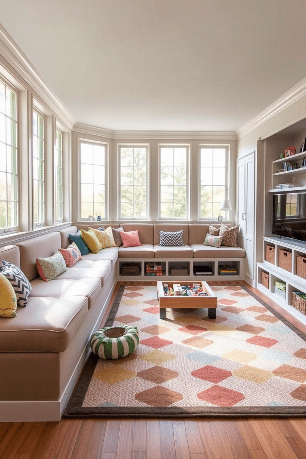 A cozy living room playroom features built-in benches along the walls, providing ample hidden storage for toys and games. The benches are upholstered in soft, durable fabric, offering a comfortable seating area for children and adults alike. The room is filled with playful yet sophisticated decor, including colorful cushions and a large area rug that defines the play space. Natural light floods in through large windows, highlighting the cheerful atmosphere and inviting creativity.