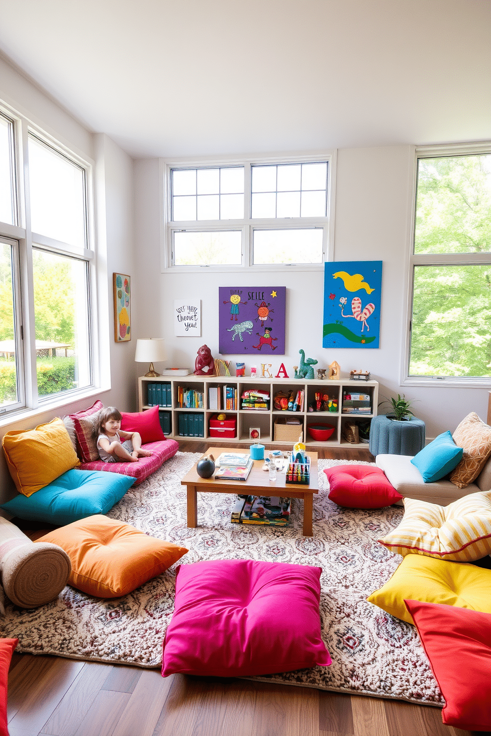 A cozy living room playroom features colorful floor cushions scattered across a soft area rug, providing casual seating for children and adults alike. Large windows allow natural light to flood the space, highlighting the playful decor and vibrant wall art that inspires creativity and fun. The floor cushions come in various shapes and sizes, inviting relaxation and informal gatherings. A low coffee table in the center holds art supplies and games, making it the perfect spot for family activities and playtime.