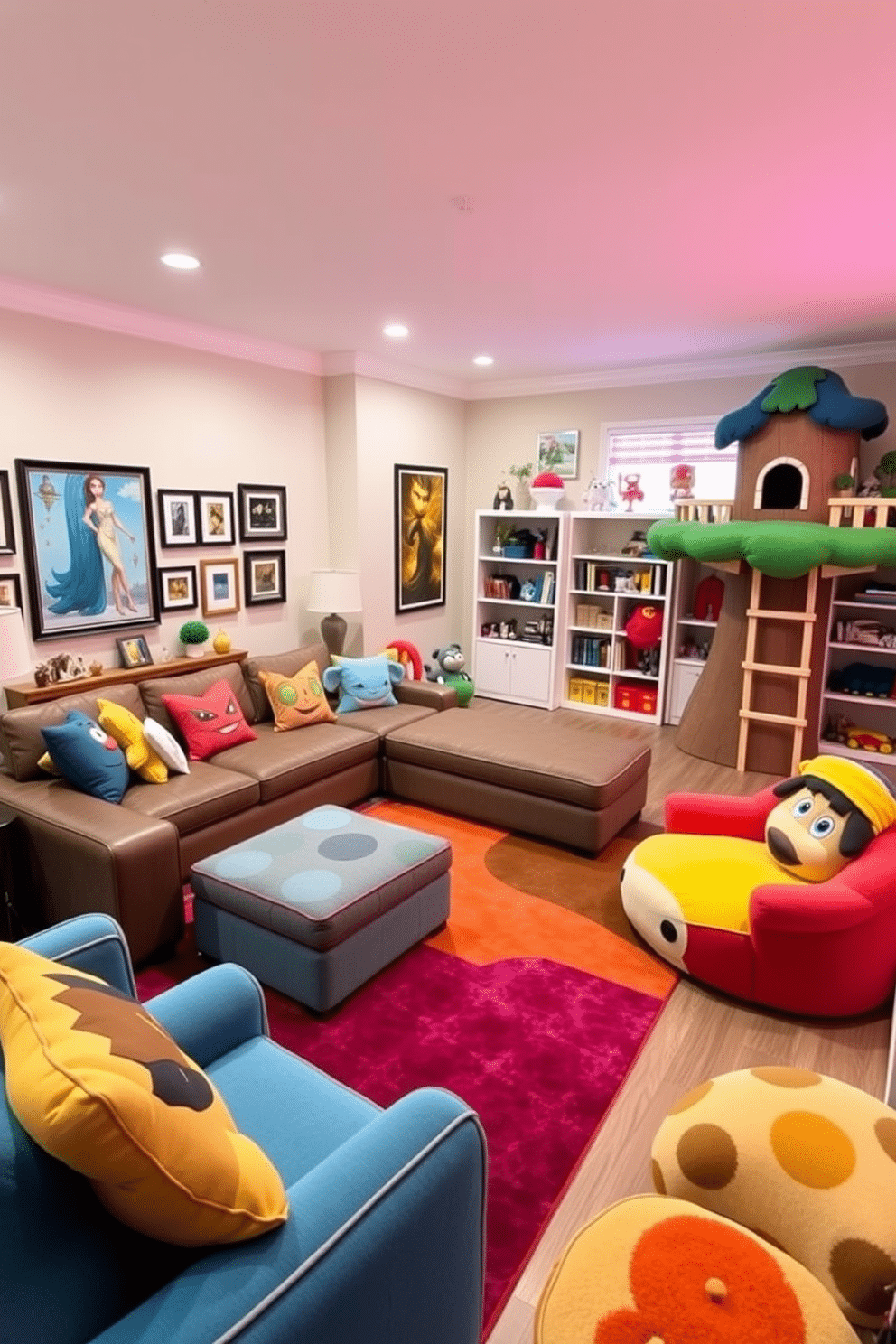 A cozy living room designed around a favorite character theme, featuring a large sectional sofa adorned with character-themed cushions and a vibrant area rug that reflects the character's colors. The walls are decorated with framed artwork and collectibles, creating a playful yet sophisticated atmosphere that invites relaxation and conversation. A whimsical playroom inspired by beloved characters, showcasing bright, cheerful colors and interactive elements like a climbing structure shaped like a treehouse. Plush seating areas with character motifs provide comfortable spots for reading and play, while shelves display toys and books, making the space both functional and fun.