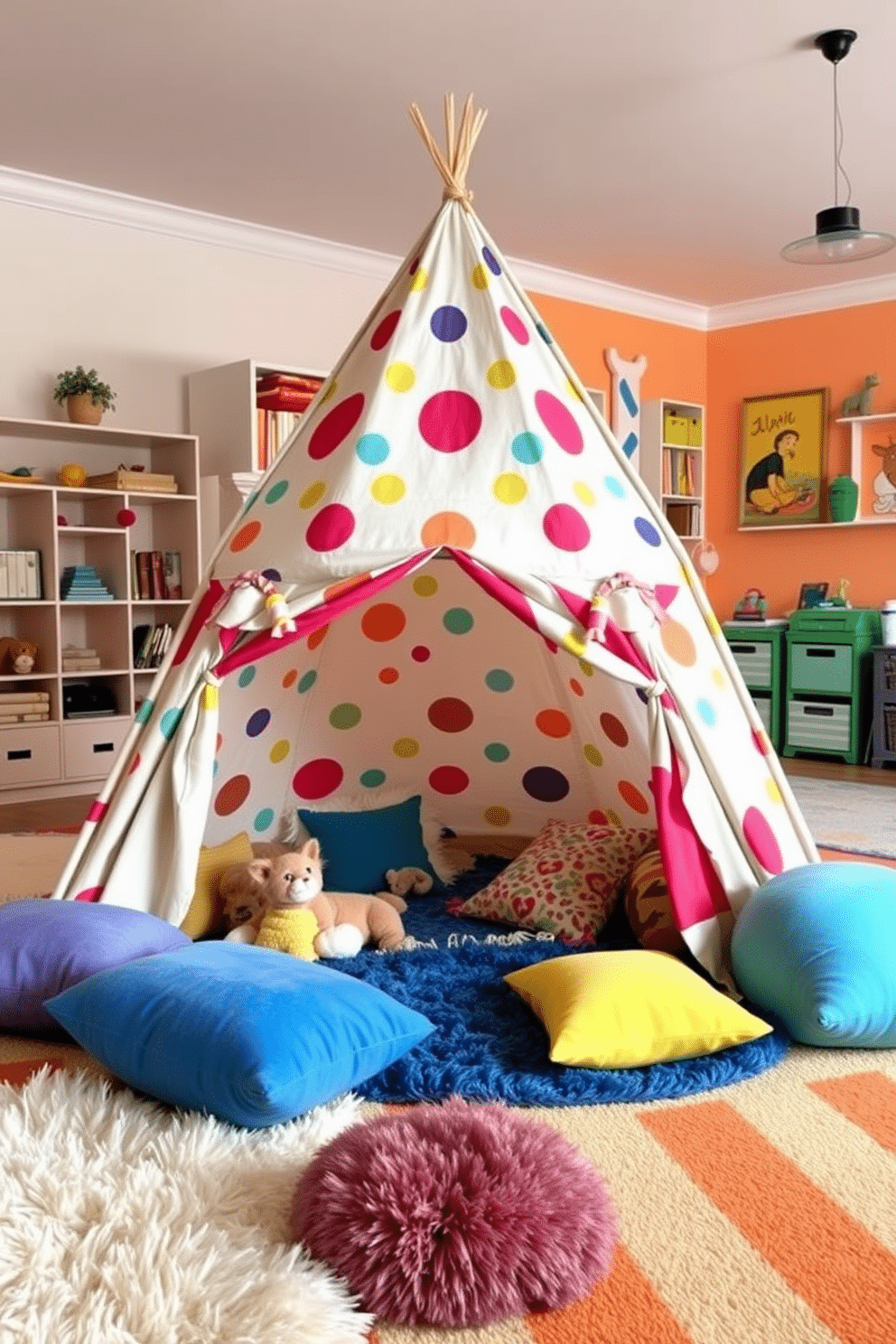 A cozy small play tent is set up in a vibrant playroom, featuring colorful patterns and soft, plush fabric that invites children to explore their imaginations. Surrounding the tent, plush rugs and scattered cushions create a comfortable area for storytelling and play. In the living room, a playful design incorporates a bright color palette with whimsical wall art and a mix of modern and vintage furniture. A dedicated play corner with storage bins for toys and books ensures a tidy yet inviting space for both relaxation and creativity.