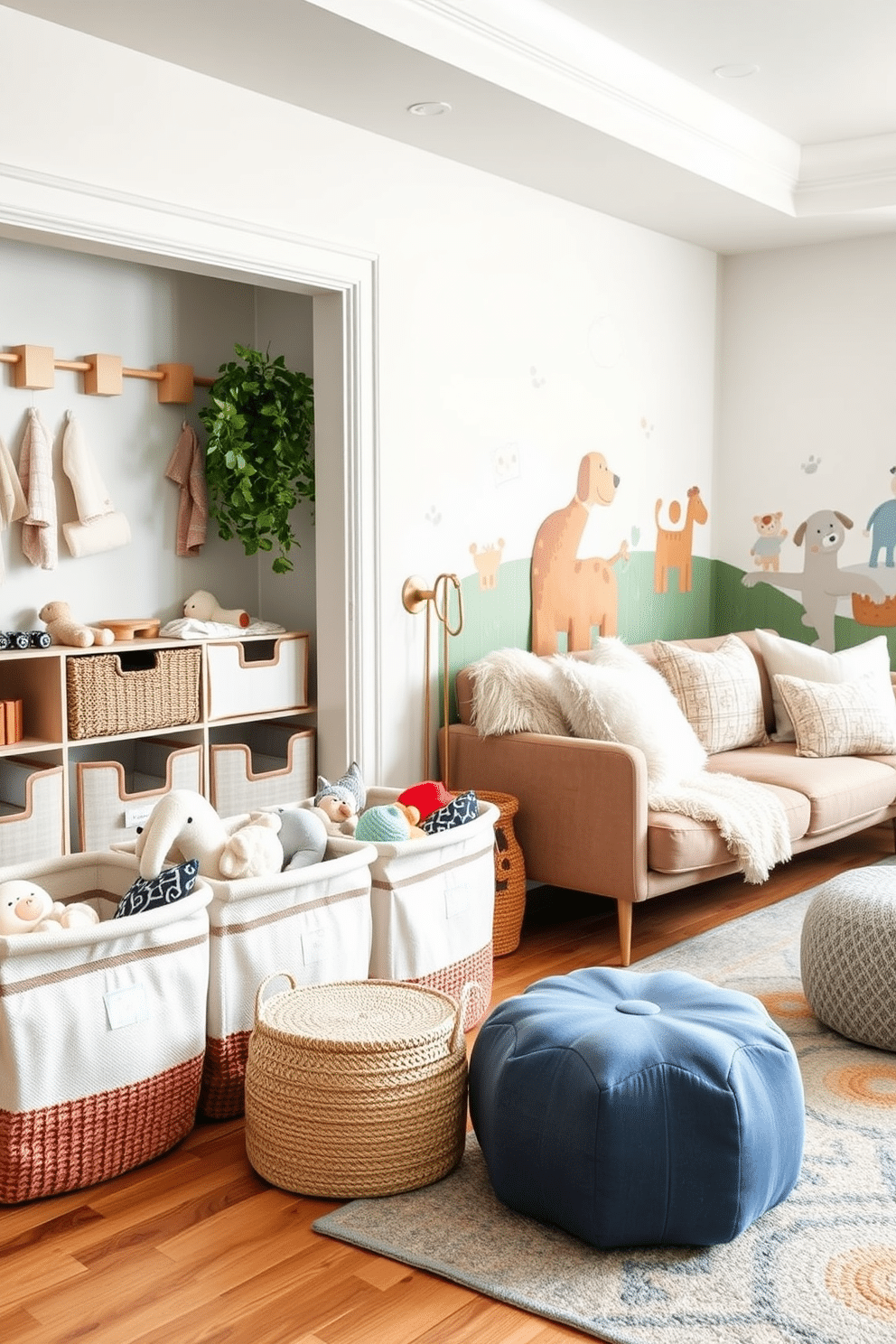 A chic playroom featuring stylish toy bins that blend seamlessly with the decor. The bins are crafted from natural materials, adorned with soft pastel colors, and neatly arranged along a wall for easy access. The living room area includes a cozy seating arrangement with plush cushions and a vibrant area rug. A playful mural adorns one wall, creating an inviting atmosphere for both relaxation and play.