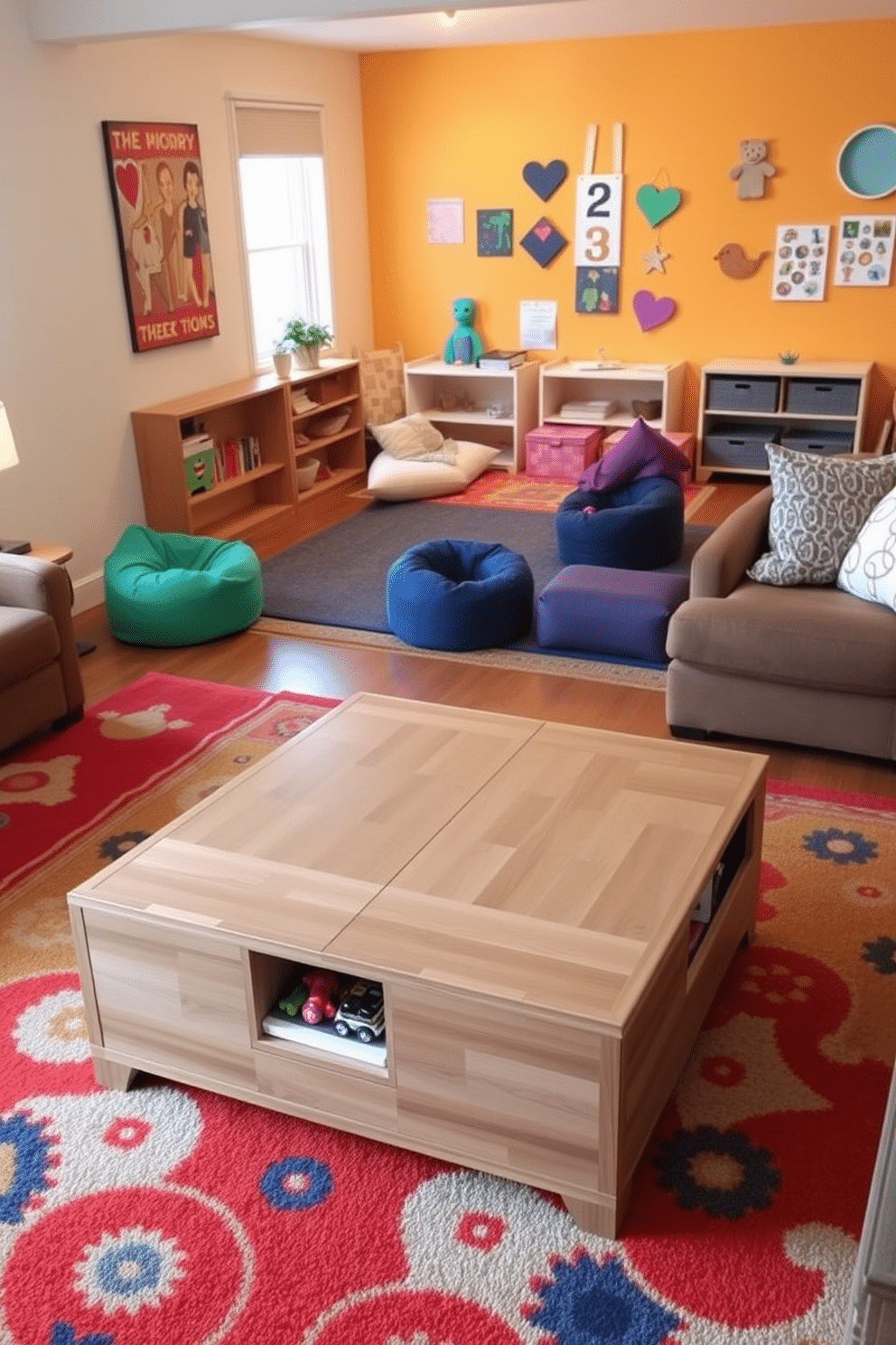 A functional coffee table with ample storage space sits at the center of a cozy living room. The table features a sleek wooden finish and hidden compartments for toys and books, ensuring a clutter-free environment. In a vibrant playroom, colorful rugs and playful wall art create an inviting atmosphere for children. Soft seating options, such as bean bags and floor cushions, encourage creativity and comfort during playtime.