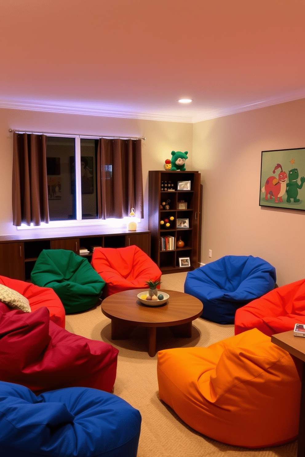 A cozy corner in the living room playroom features colorful bean bags arranged around a low, round coffee table. Soft, ambient lighting creates a warm atmosphere, while playful wall art adds a touch of whimsy to the space.