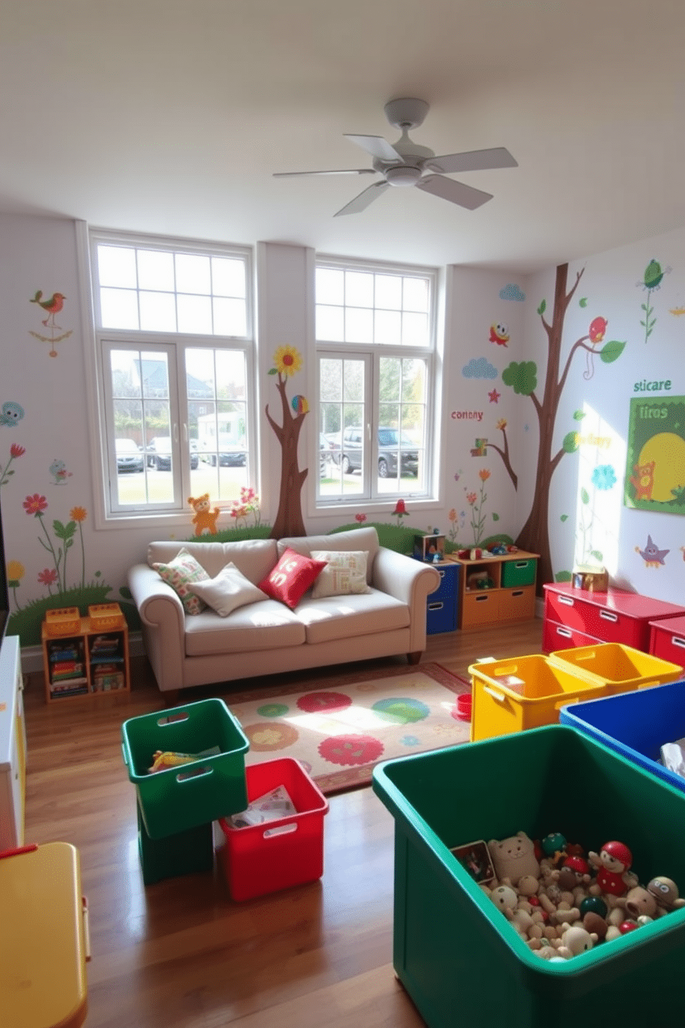 A vibrant living room playroom filled with colorful wall decals depicting whimsical characters and nature scenes. The space features a cozy seating area with a plush sofa and a playful rug, creating an inviting atmosphere for children and adults alike. Brightly colored storage bins are neatly arranged, offering easy access to toys and games. Large windows allow natural light to flood the room, enhancing the cheerful ambiance and showcasing the lively decor.