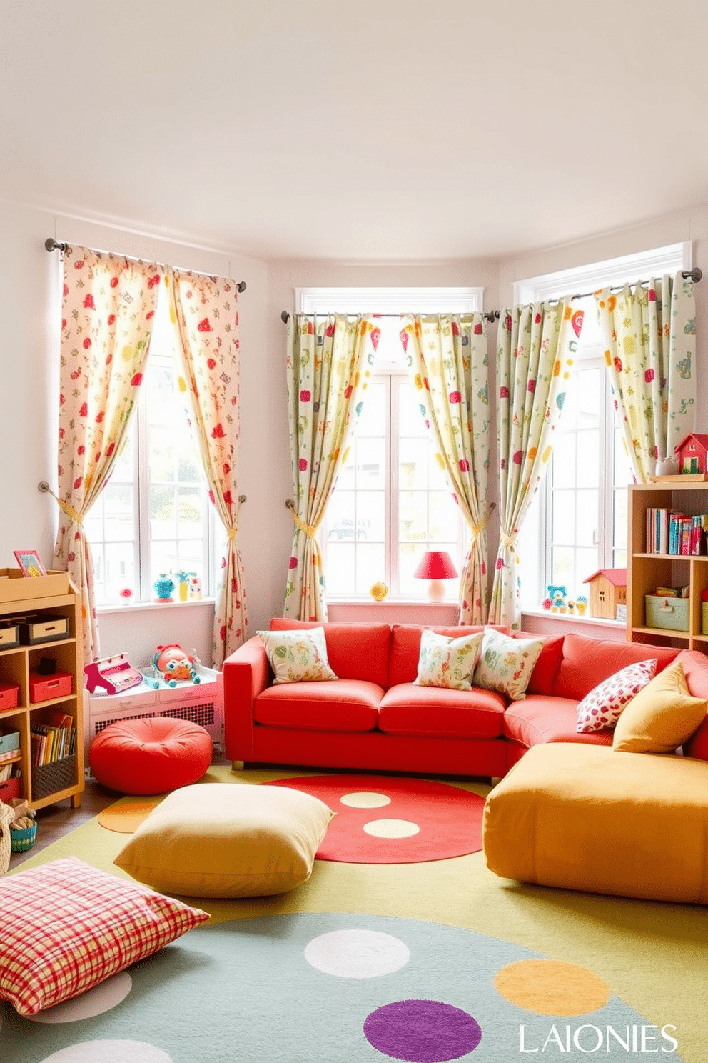 A vibrant living room playroom featuring playful curtain designs that add a whimsical touch. The curtains are adorned with colorful patterns and playful motifs, framing large windows that allow natural light to flood the space. The room is furnished with a cozy sectional sofa in a bright hue, complemented by oversized floor cushions scattered around. A playful area rug anchors the space, while shelves filled with toys and books create an inviting atmosphere for both relaxation and play.