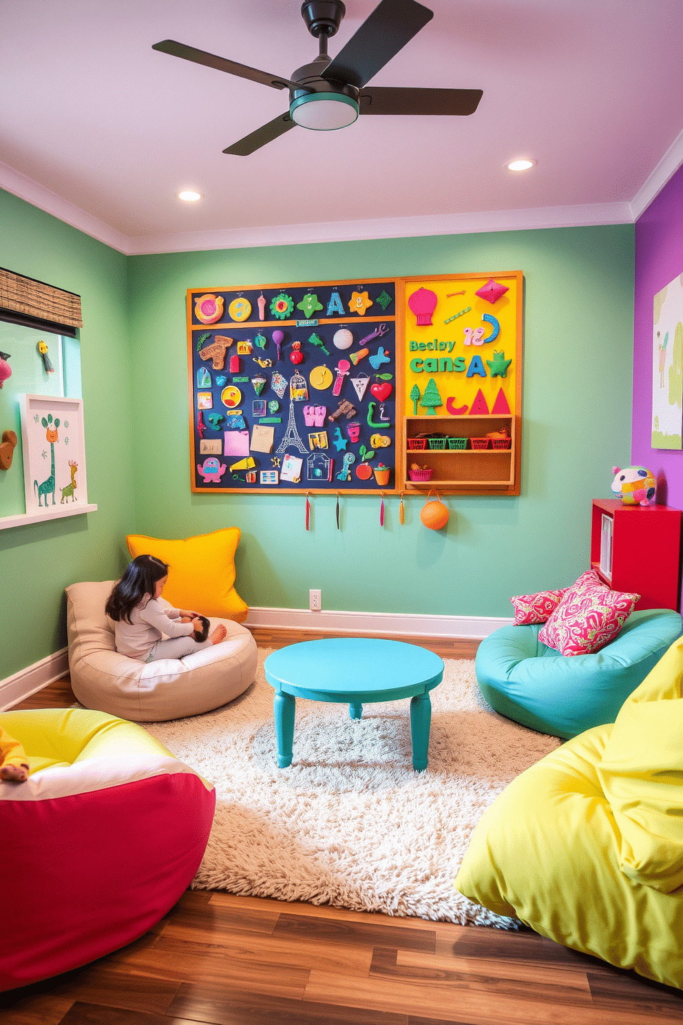 A vibrant playroom designed for engagement features a wall-mounted activity board filled with colorful, interactive elements that encourage creativity. The space is adorned with soft, playful furniture, including bean bags and a low table, creating a cozy atmosphere for children to explore and play. The walls are painted in cheerful hues, complemented by whimsical artwork that sparks imagination. A plush area rug anchors the room, providing a comfortable spot for kids to gather and enjoy various activities.