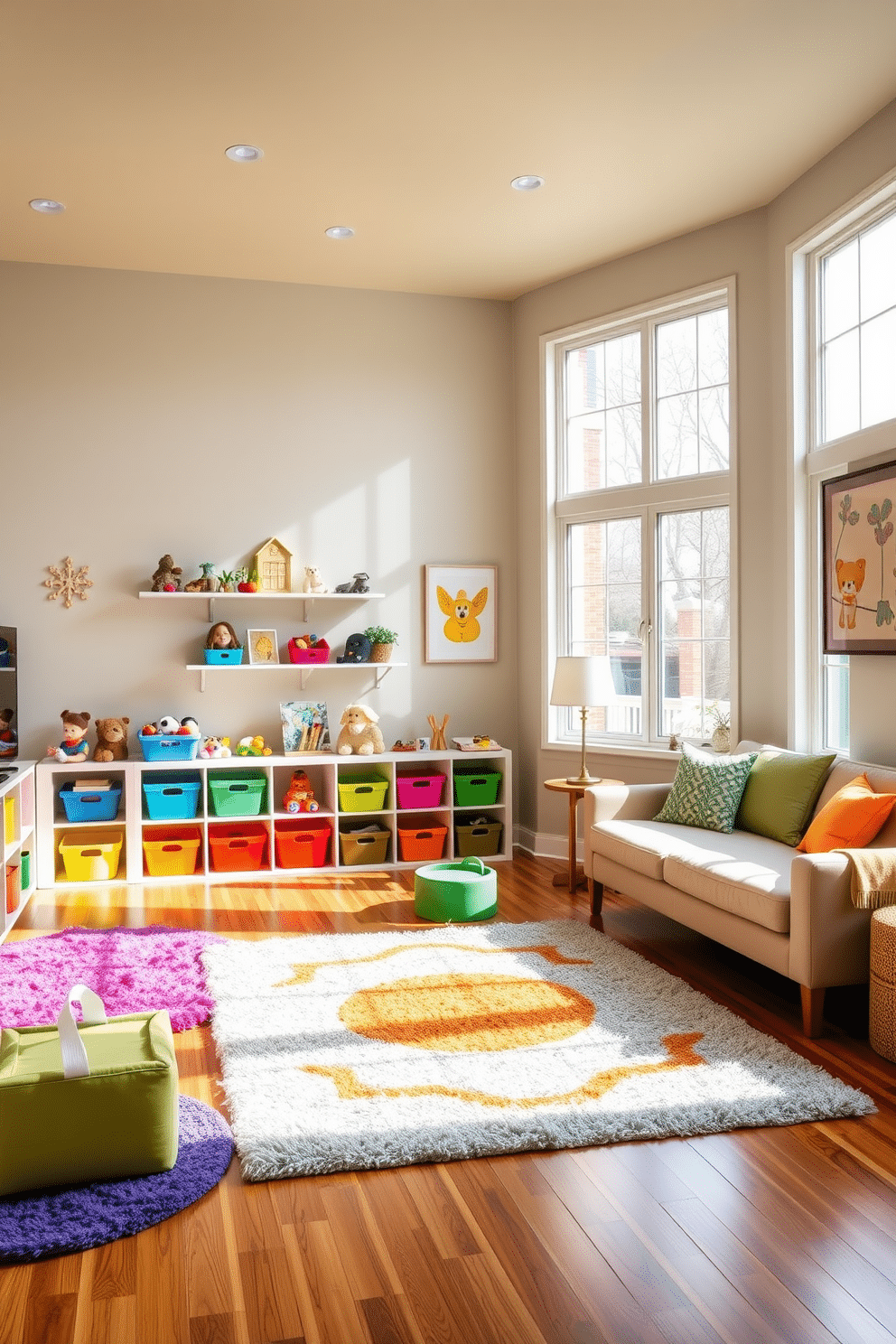 A vibrant playroom designed for a living room setting. The space features colorful baskets neatly arranged on low shelves, providing easy access to an array of toys for children. Soft, plush rugs in bright hues cover the hardwood floor, creating a cozy area for play. Large windows allow natural light to flood the room, enhancing the cheerful atmosphere with playful wall art and comfortable seating.