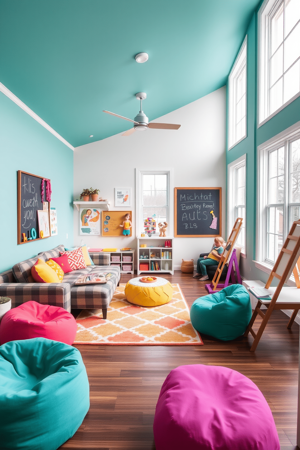 A lively living room playroom design features bright, playful colors like teal, yellow, and coral, creating an energetic atmosphere. The space includes a cozy sectional sofa adorned with vibrant throw pillows, a large area rug with geometric patterns, and a wall-mounted chalkboard for creative expression. Incorporate a variety of fun, interactive elements such as a colorful bean bag seating area and a playful art station with easels and supplies. Large windows allow natural light to flood the room, enhancing the cheerful ambiance and inspiring creativity.