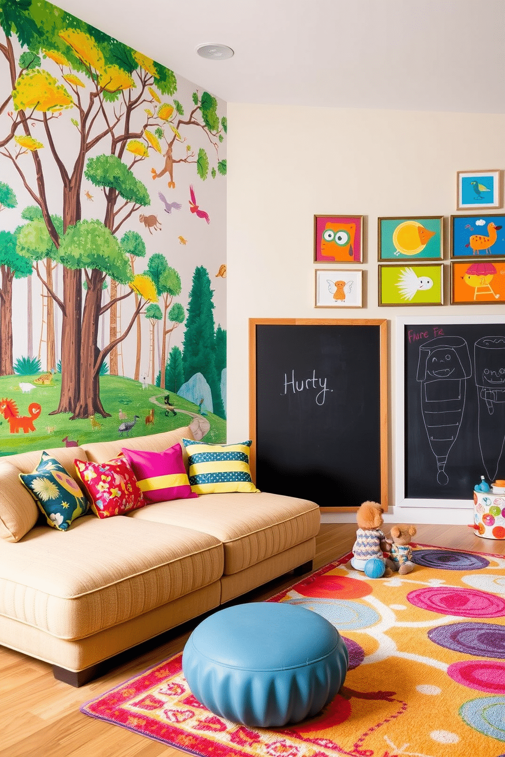 Creative wall art that sparks imagination. A vibrant mural depicting a whimsical forest scene covers one wall, filled with playful animals and colorful trees. On another wall, a gallery of framed abstract paintings in bold colors invites viewers to interpret their meanings in different ways. Living Room Playroom Design Ideas. A cozy living room features a plush sectional sofa adorned with colorful cushions, creating a welcoming space for relaxation. Adjacent to the living area, a playful corner is dedicated to children's activities, complete with a large chalkboard wall and a soft, colorful rug for playtime.