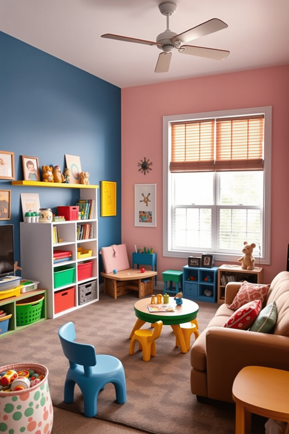 A vibrant living room playroom designed for creativity and fun, featuring a small stage in one corner for performances. The walls are painted in cheerful colors, with playful artwork and shelves filled with toys and books, while a cozy seating area invites relaxation and play.