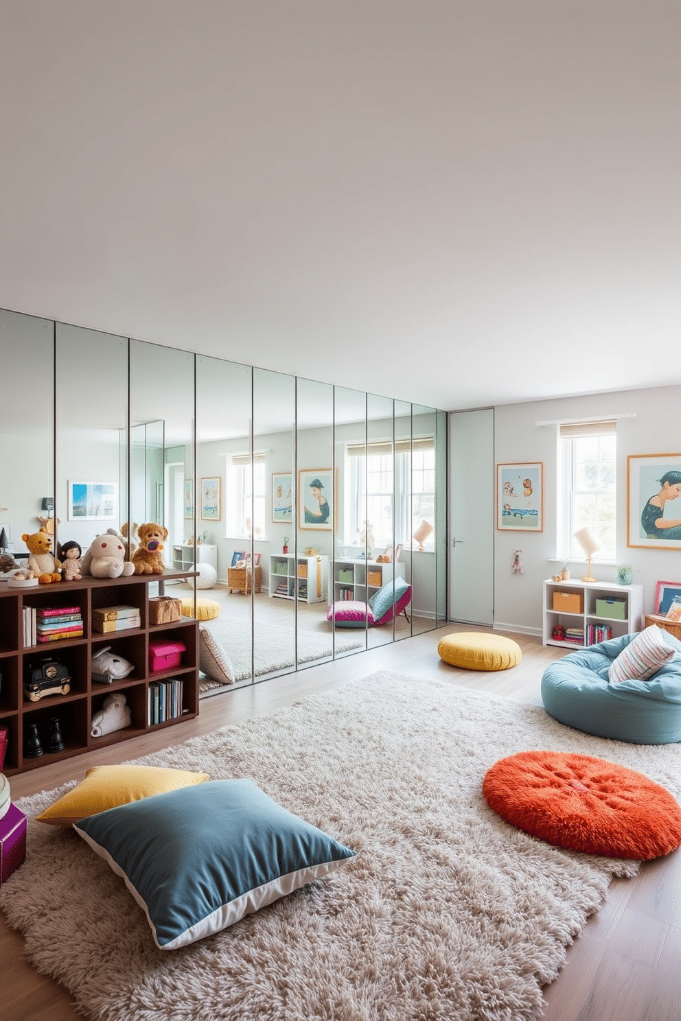 A bright and airy living room playroom features a large wall of mirrors that reflect natural light, making the space feel more expansive. The room is filled with colorful, soft furnishings, including a plush rug and oversized cushions, creating a playful yet sophisticated atmosphere. In one corner, a stylish shelving unit displays an array of toys and books, while a cozy reading nook with a bean bag chair invites relaxation. The walls are painted in a soft pastel hue, and playful artwork adds a whimsical touch to the overall design.