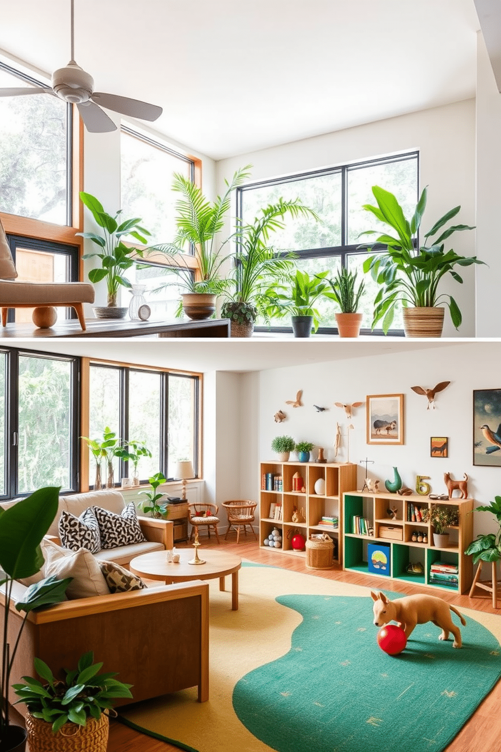 A living room designed with nature-inspired elements creates a calming atmosphere. Incorporate soft, earthy tones with natural wood furniture, lush indoor plants, and large windows that invite ample natural light. For the playroom, focus on vibrant colors and playful textures that stimulate creativity. Use modular furniture for flexibility, and include nature-themed decor such as tree-shaped shelves and wall art featuring wildlife.