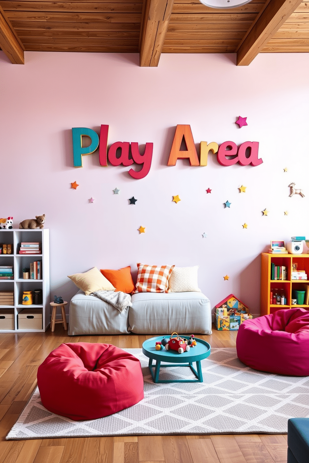 A personalized name sign for a play area, crafted from colorful wood, hangs above a cozy reading nook filled with plush cushions and soft blankets. The walls are painted in a cheerful pastel palette, with playful wall decals of animals and stars to inspire creativity. In the living room playroom design, a spacious layout features a large area rug with geometric patterns, providing a soft surface for play. Brightly colored furniture, including bean bags and a low coffee table, invites relaxation and fun, while shelves filled with toys and books add a touch of organization.