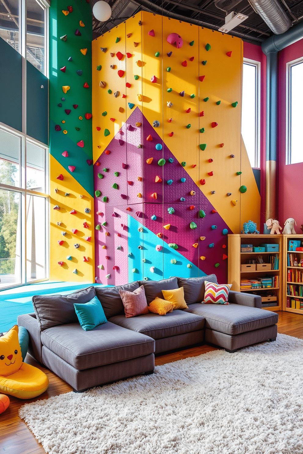 A vibrant indoor climbing wall designed for active play, featuring colorful holds and textured surfaces for various skill levels. The wall is framed by soft mats for safety, and large windows allow natural light to flood the space, creating an inviting atmosphere. The living room playroom combines comfort and creativity, with a cozy sectional sofa adorned with playful cushions. A large, soft area rug anchors the space, while shelves filled with toys and books encourage imaginative play for children.