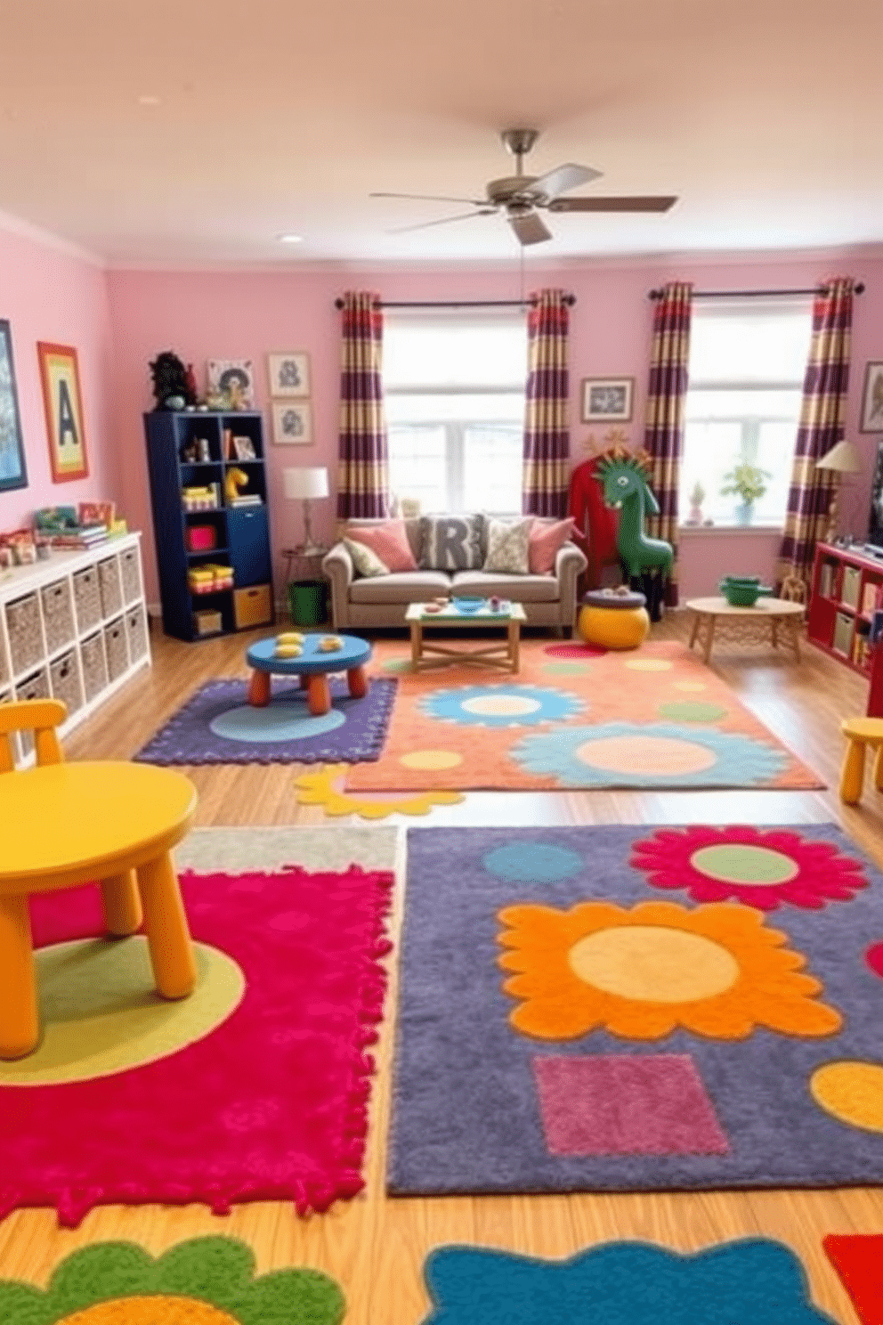 A vibrant playroom filled with joy and creativity. Brightly colored rugs in various shapes and sizes define different activity zones, such as a reading nook, a play area, and a craft corner. The living room features a harmonious blend of comfort and style. A large, colorful area rug anchors the seating arrangement, adding warmth and personality to the space.