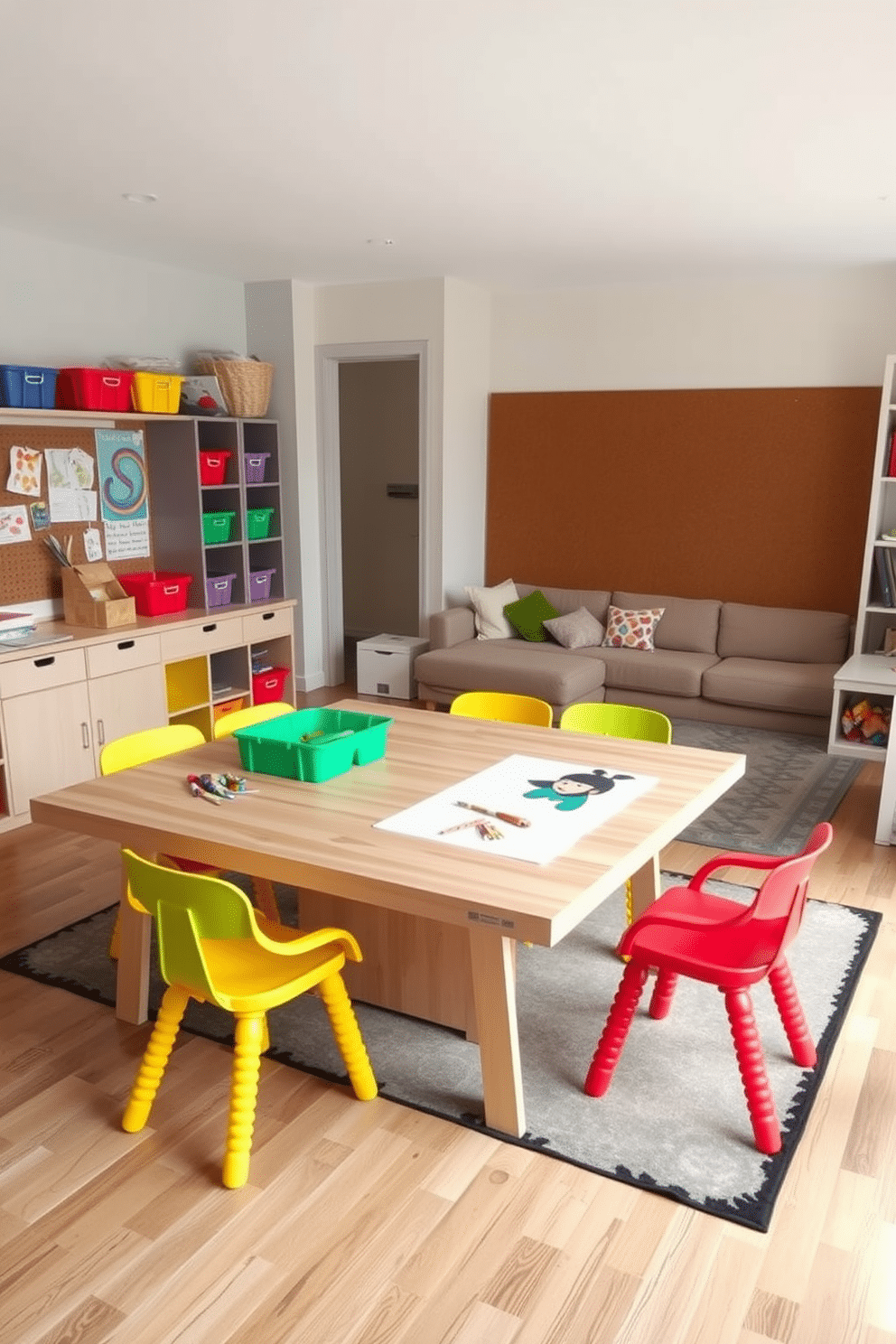 Art station with easy-to-clean surfaces. The space features a large, sturdy table made from laminated wood, surrounded by colorful, ergonomic chairs. Brightly colored storage bins neatly organize art supplies, while a large corkboard on the wall displays children's artwork. The flooring is a durable vinyl that mimics wood, providing a warm feel while being easy to maintain. Living Room Playroom Design Ideas. The living room is designed with a cozy sectional sofa in a soft, washable fabric, complemented by playful throw pillows. A large area rug defines the play area, featuring a fun pattern that encourages play, while built-in shelves hold toys and books within easy reach.