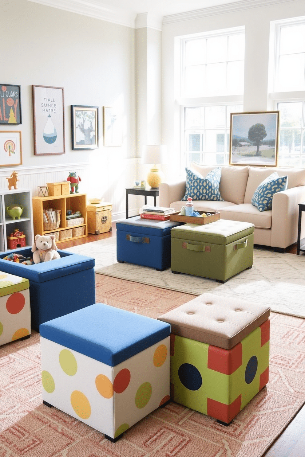 A vibrant playroom featuring colorful storage ottomans that double as seating and toy storage. The space is filled with playful decor, including wall art and a soft rug, creating an inviting atmosphere for children to play and explore. In the living room area, a stylish arrangement of plush furniture complements the playful ottomans, providing a seamless transition between relaxation and play. Natural light floods the room through large windows, enhancing the cheerful ambiance with bright, cheerful colors throughout the decor.