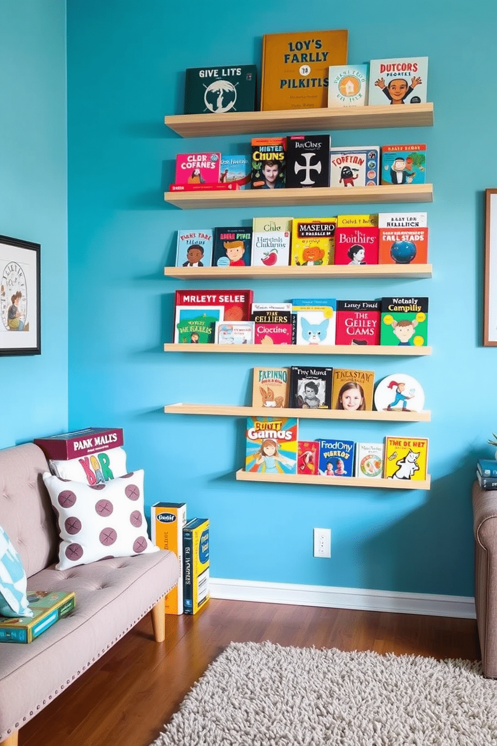 A vibrant living room playroom with wall-mounted shelves displaying an array of colorful books and board games. The shelves are made of light wood, creating a warm contrast against the soft blue walls, while a cozy area rug adds texture to the playful atmosphere.