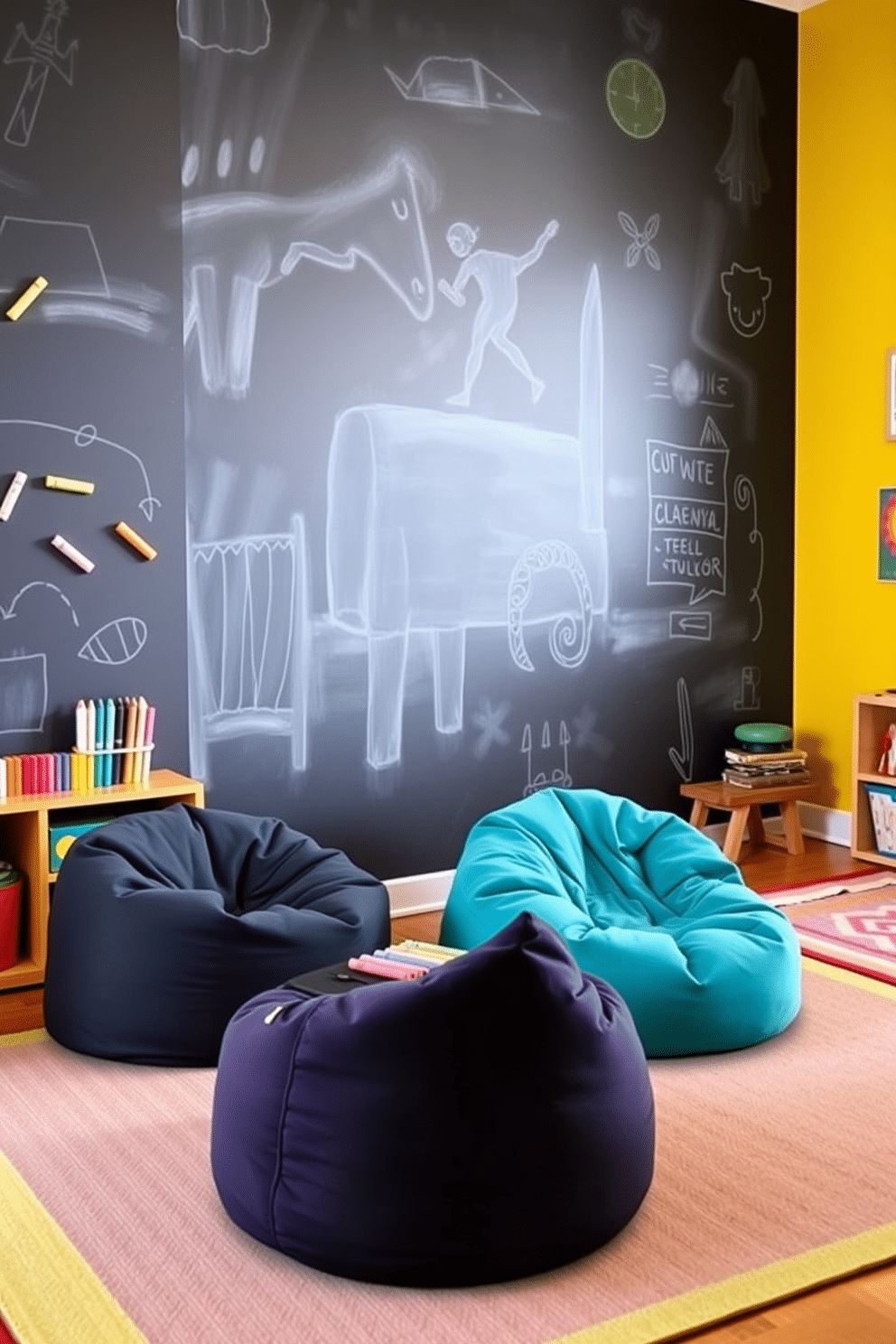 A vibrant interactive chalkboard wall stretches across one side of the playroom, inviting creativity and imagination. Colorful chalks are neatly arranged on a shelf below, encouraging children to express themselves freely and artistically. The living room features a cozy seating area with plush bean bags and a low coffee table, perfect for games and activities. Brightly colored rugs define the space, while playful wall art adds a fun and inviting atmosphere to the playroom.