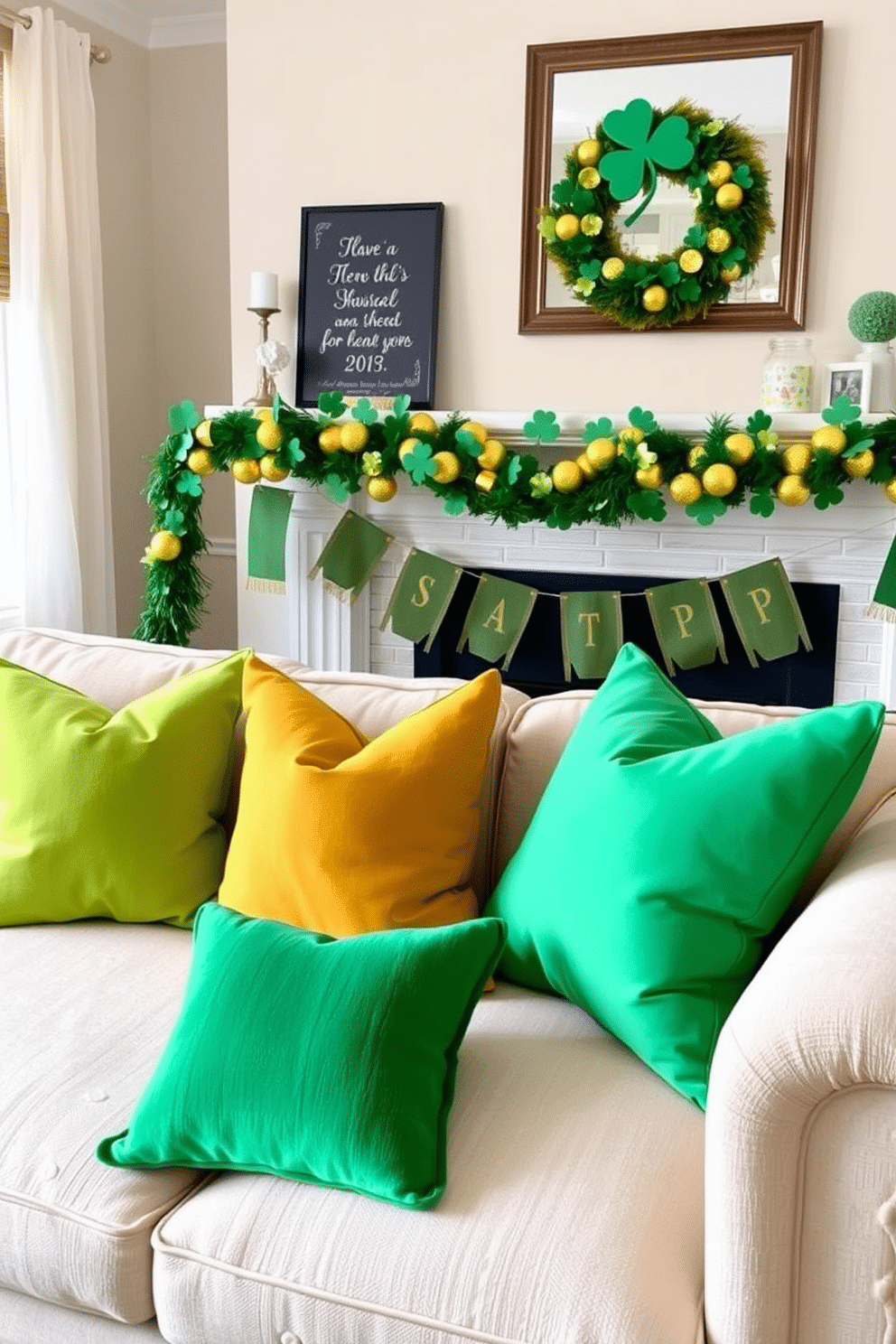 A cozy living room adorned with vibrant green and gold throw pillows, perfectly complementing a plush, neutral-colored sofa. The space is accented with festive St. Patrick's Day decorations, including a cheerful garland of shamrocks draped across the mantelpiece.