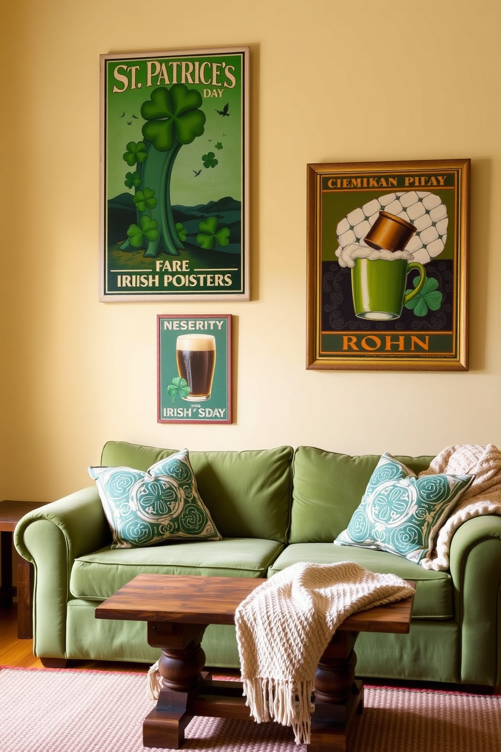 A cozy living room adorned with vintage Irish posters that celebrate St. Patrick's Day. The walls are painted a warm cream color, providing a perfect backdrop for the vibrant green and gold hues of the posters. A plush green sofa is paired with a rustic wooden coffee table, creating an inviting gathering space. Decorative throw pillows featuring Celtic patterns and a soft, woven blanket add texture and warmth to the setting.