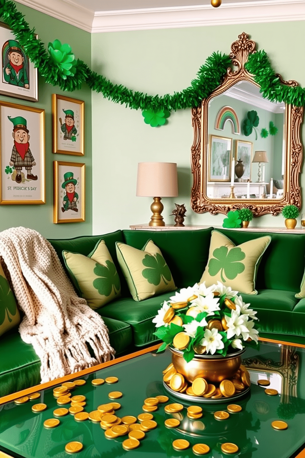 A vibrant living room adorned with festive St. Patrick's Day decorations. Gold coins are scattered playfully across a green velvet sofa, complemented by shamrock-patterned cushions and a cozy knit throw. The walls are embellished with framed prints of leprechauns and rainbows, adding a whimsical touch to the space. A large, ornate mirror reflects the cheerful atmosphere, while a coffee table is topped with a centerpiece of gold-wrapped chocolate coins and fresh white flowers.