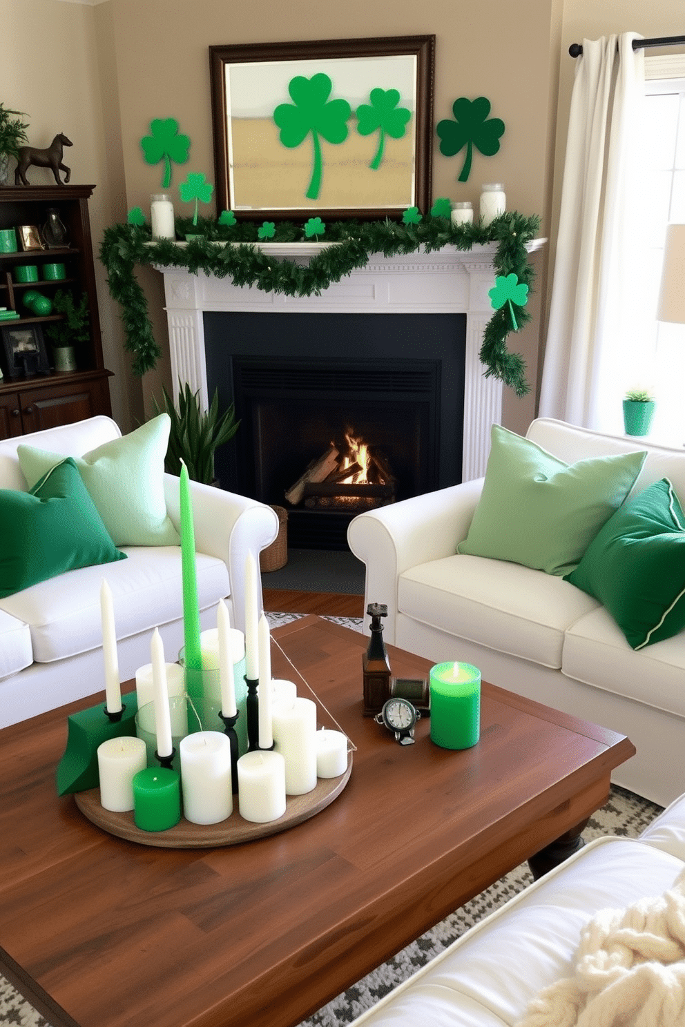 A cozy living room adorned for St. Patrick's Day, featuring an elegant arrangement of green and white candles on a rustic wooden coffee table. Plush white sofas are accented with green throw pillows, while shamrock-themed decorations add a festive touch to the mantel above a crackling fireplace.