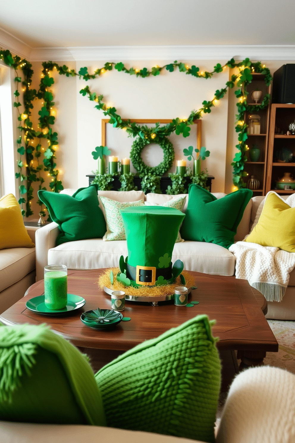 A cozy living room adorned with vibrant St. Patrick's Day decorations. The focal point is a whimsical leprechaun hat centerpiece on the coffee table, surrounded by green and gold accents. The walls are draped with festive garlands made of shamrocks and twinkling fairy lights. Plush green throw pillows and a soft blanket add warmth to the seating area, inviting guests to celebrate the holiday in style.