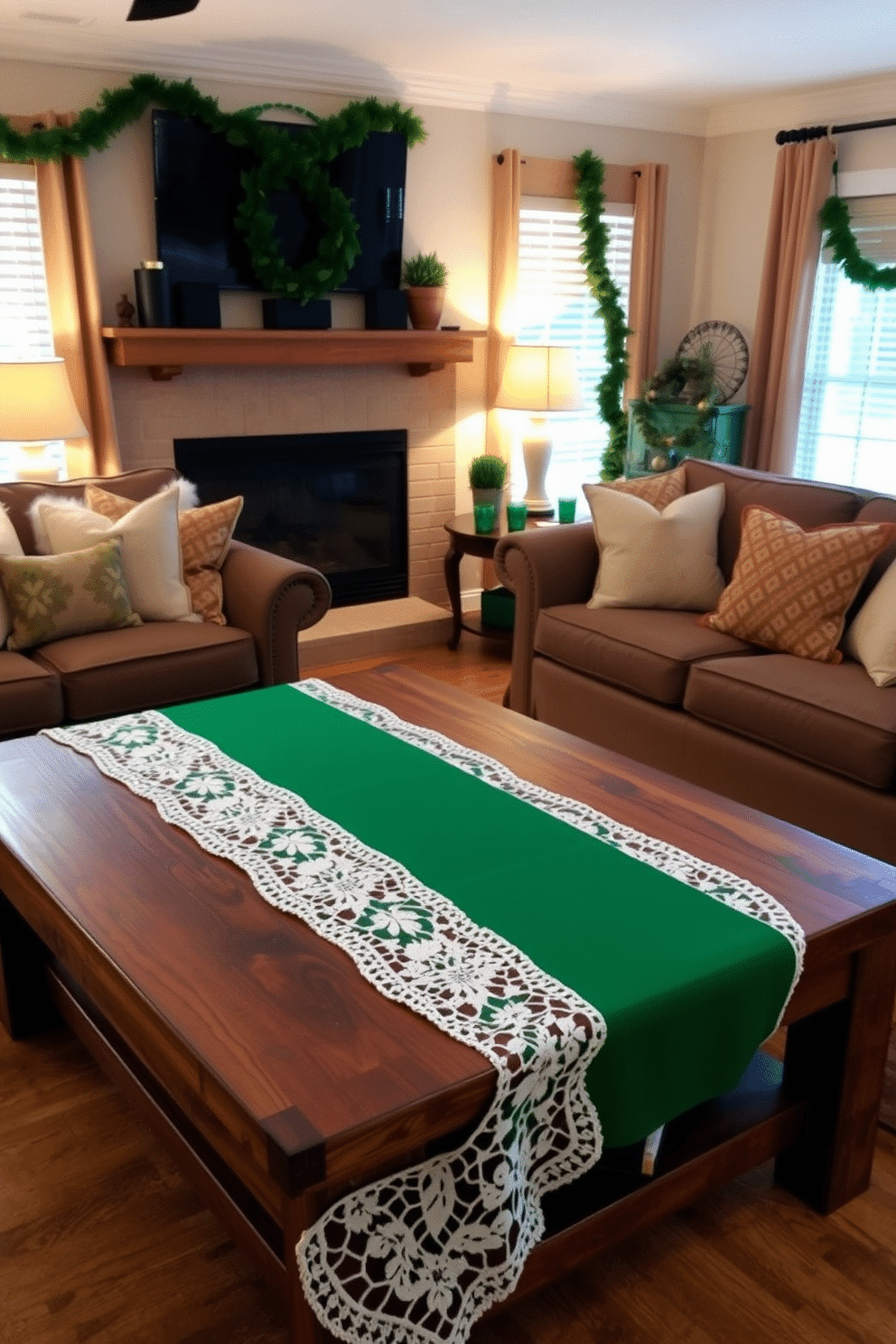 A cozy living room adorned for St. Patrick's Day features an elegant Irish lace table runner draped across a rustic wooden coffee table. The space is accented with green and gold decorations, including plush cushions and a festive garland, creating a warm and inviting atmosphere.