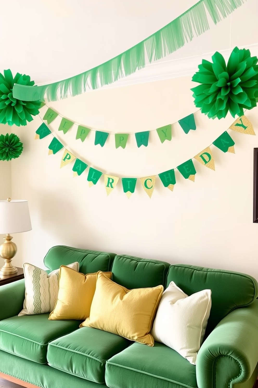 A vibrant living room adorned with green and gold bunting, celebrating St. Patrick's Day. The walls are painted a soft cream, while a plush emerald green sofa is accented with gold and white throw pillows.