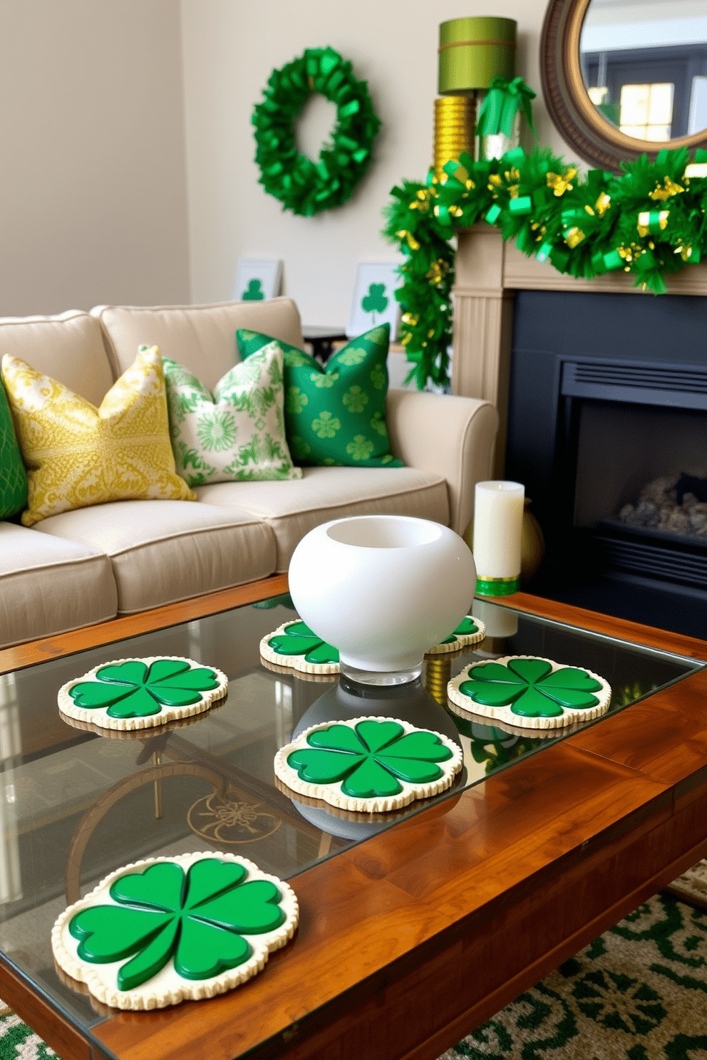 A cozy living room adorned for St. Patrick's Day features a stylish coffee table set with shamrock coasters, each showcasing intricate green designs. The space is enhanced with festive green and gold accents, including throw pillows and a vibrant garland draped along the mantelpiece.