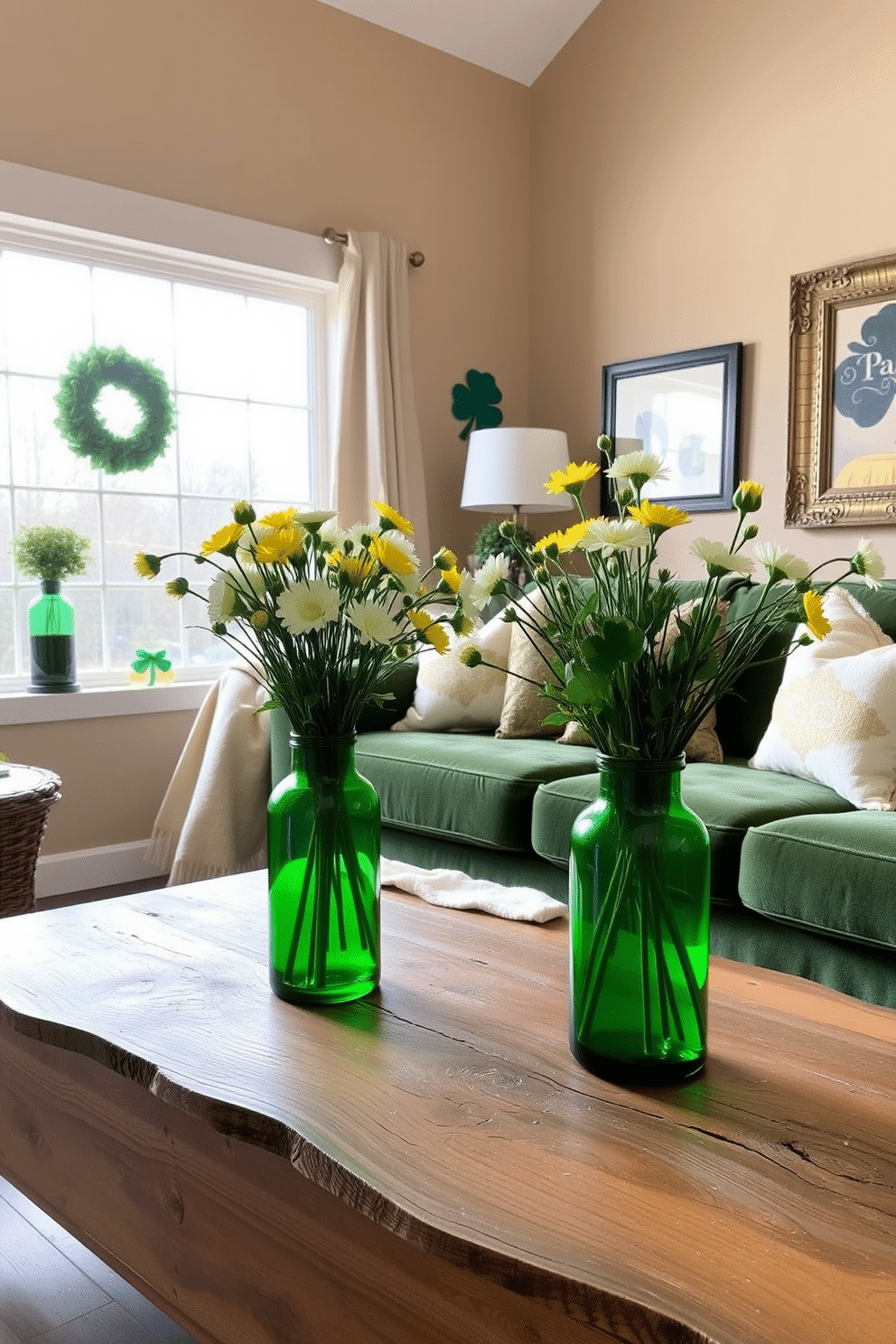 A cozy living room adorned for St. Patrick's Day features green glass vases filled with fresh white and yellow flowers, adding a vibrant touch to the space. The vases are strategically placed on a rustic wooden coffee table, complemented by a soft, cream-colored throw blanket draped over a plush green sofa. The walls are painted in a warm beige, creating a welcoming atmosphere, while festive green and gold accents, such as throw pillows and wall art, enhance the holiday spirit. A large window allows natural light to flood the room, illuminating a small potted shamrock plant on the windowsill, completing the cheerful decor.