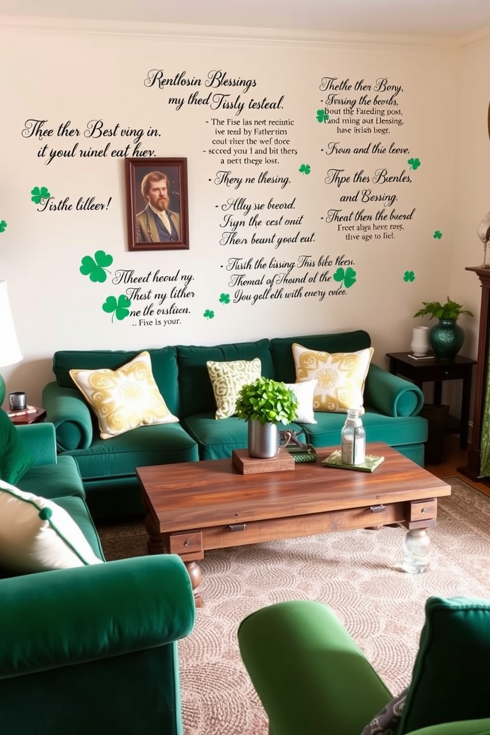 A cozy living room adorned with Irish blessing wall decals that evoke warmth and positivity. The walls are painted a soft cream, providing a perfect backdrop for the vibrant green accents in the decor. A plush, emerald green sofa is complemented by gold and white throw pillows featuring Celtic patterns. A rustic wooden coffee table sits in the center, surrounded by a mix of traditional and modern decor elements that celebrate St. Patrick's Day.