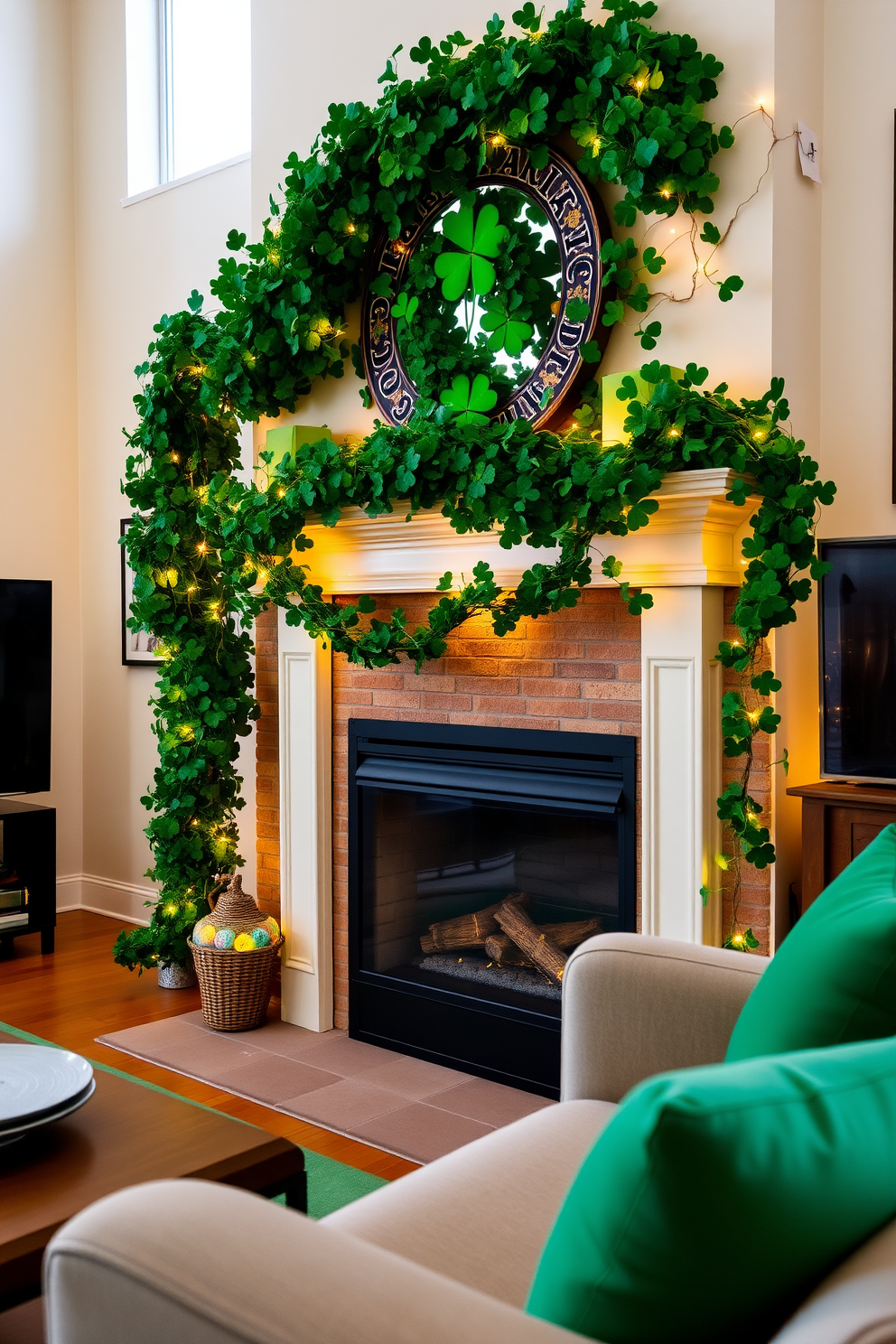 A vibrant living room adorned for St. Patrick's Day features a lush shamrock garland gracefully draped above the fireplace, adding a festive touch to the space. The garland is complemented by twinkling fairy lights, creating a warm and inviting atmosphere perfect for celebrations.