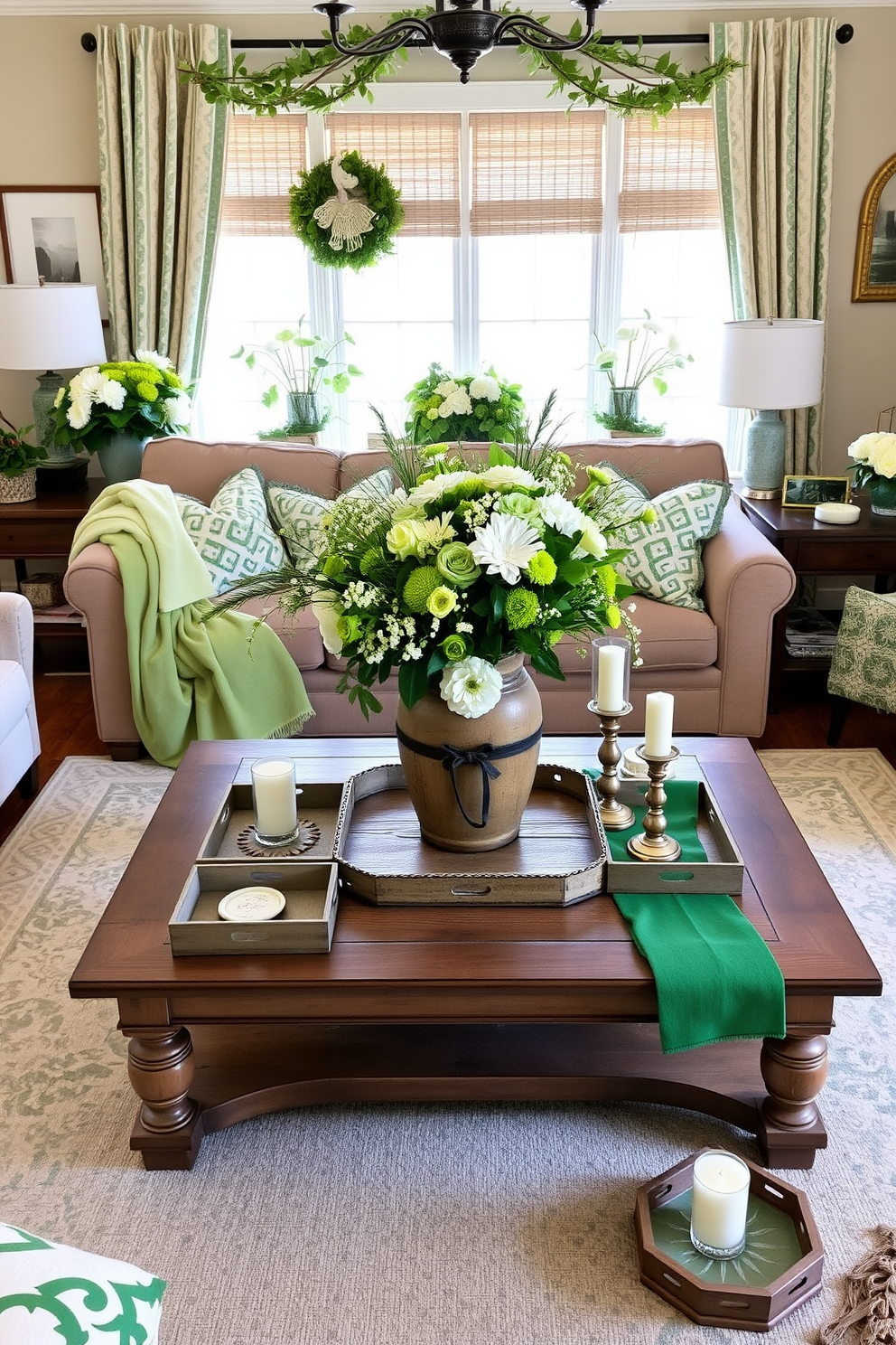 A charming living room adorned with green and white floral arrangements, perfect for St. Patrick's Day celebrations. The space features a cozy sofa draped with a soft green throw, complemented by decorative pillows in various shades of white and green. A large coffee table is centered in the room, adorned with a vibrant centerpiece of fresh flowers in a rustic vase. Surrounding the table, elegant green and white accents, such as candles and decorative trays, enhance the festive atmosphere.