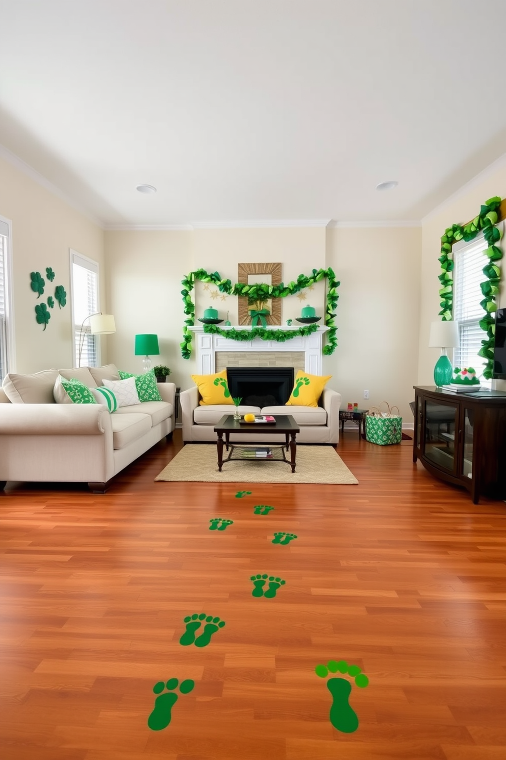 A whimsical living room adorned with leprechaun footprint decals leading across the hardwood floor. The walls are painted a soft cream, and festive green and gold accents are scattered throughout, including a plush sofa with themed throw pillows and a vibrant shamrock garland draped above the mantel.