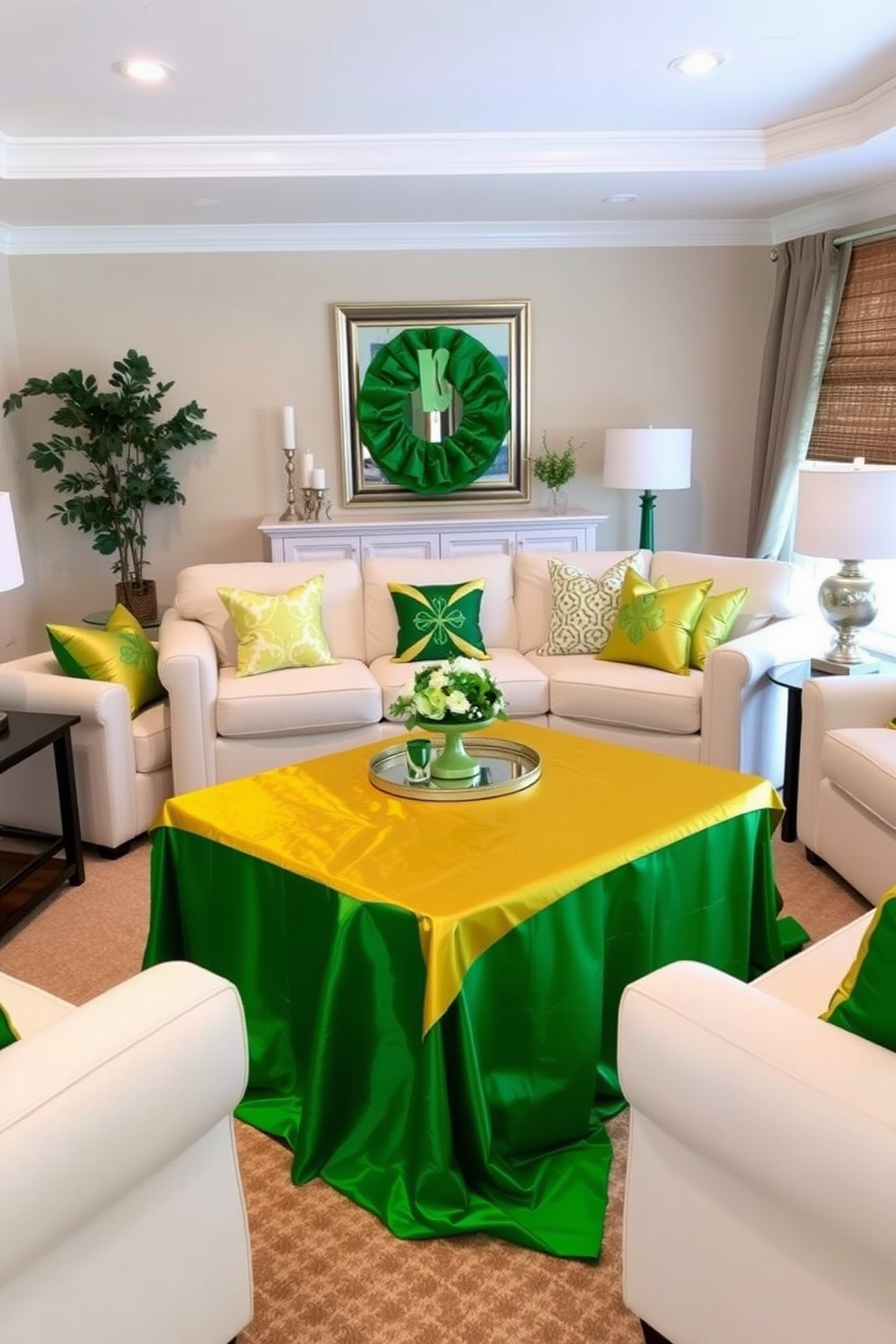 A stylish living room adorned for St. Patrick's Day features a vibrant green and gold tablecloth draped over a sleek coffee table. Surrounding the table are plush cream-colored sofas, accented with decorative pillows in shades of green and gold, creating a festive yet elegant atmosphere.