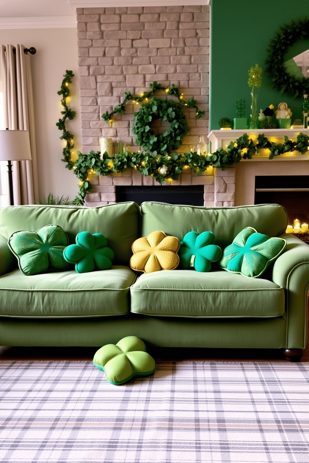 A cozy living room adorned for St. Patrick's Day features shamrock-shaped cushions scattered across a plush, green sofa. The cushions are vibrant, with various shades of green and gold accents, adding a festive touch to the space. In the background, a fireplace is decorated with garlands of shamrocks and twinkling fairy lights. A large area rug in a subtle plaid pattern anchors the seating area, complementing the holiday theme.