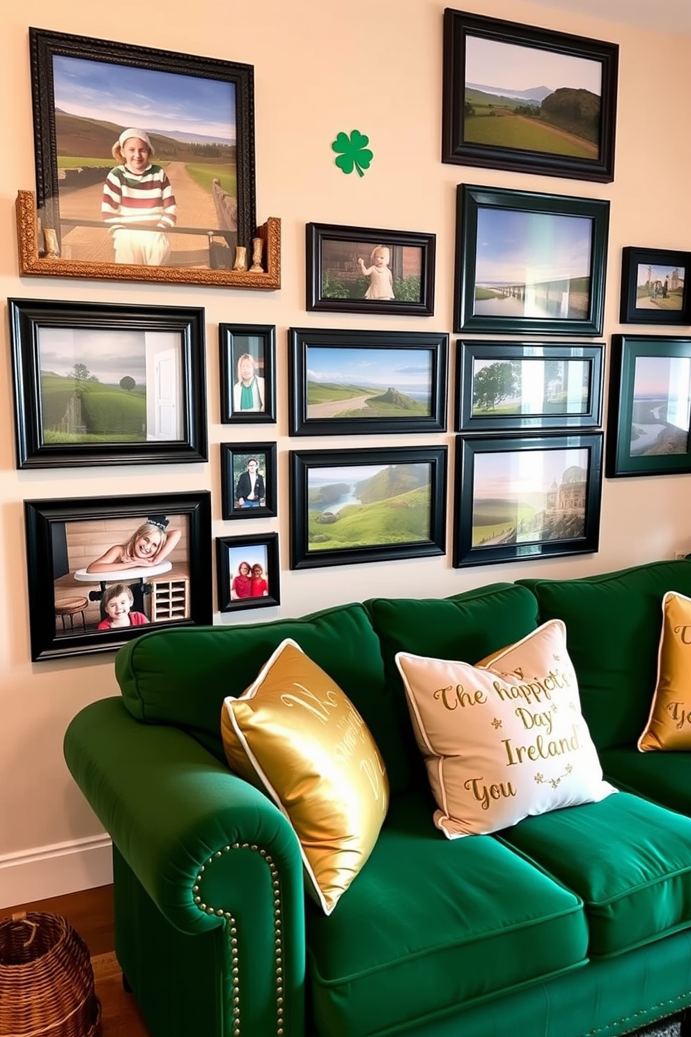 A cozy living room adorned with Irish-themed photo frames that showcase family memories and scenic landscapes of Ireland. The walls are painted a soft cream, while a rich emerald green sofa is accented with gold and white throw pillows, celebrating the spirit of St. Patrick's Day.