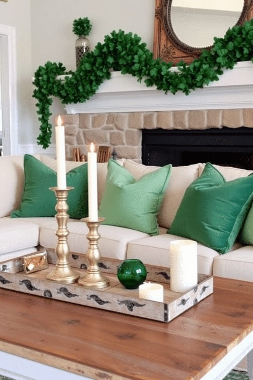 A cozy living room adorned for St. Patrick's Day, featuring elegant gold and green candle holders placed on a rustic wooden coffee table. Soft green throw pillows complement a cream-colored sofa, while a festive garland of shamrocks drapes across the mantel above a crackling fireplace.