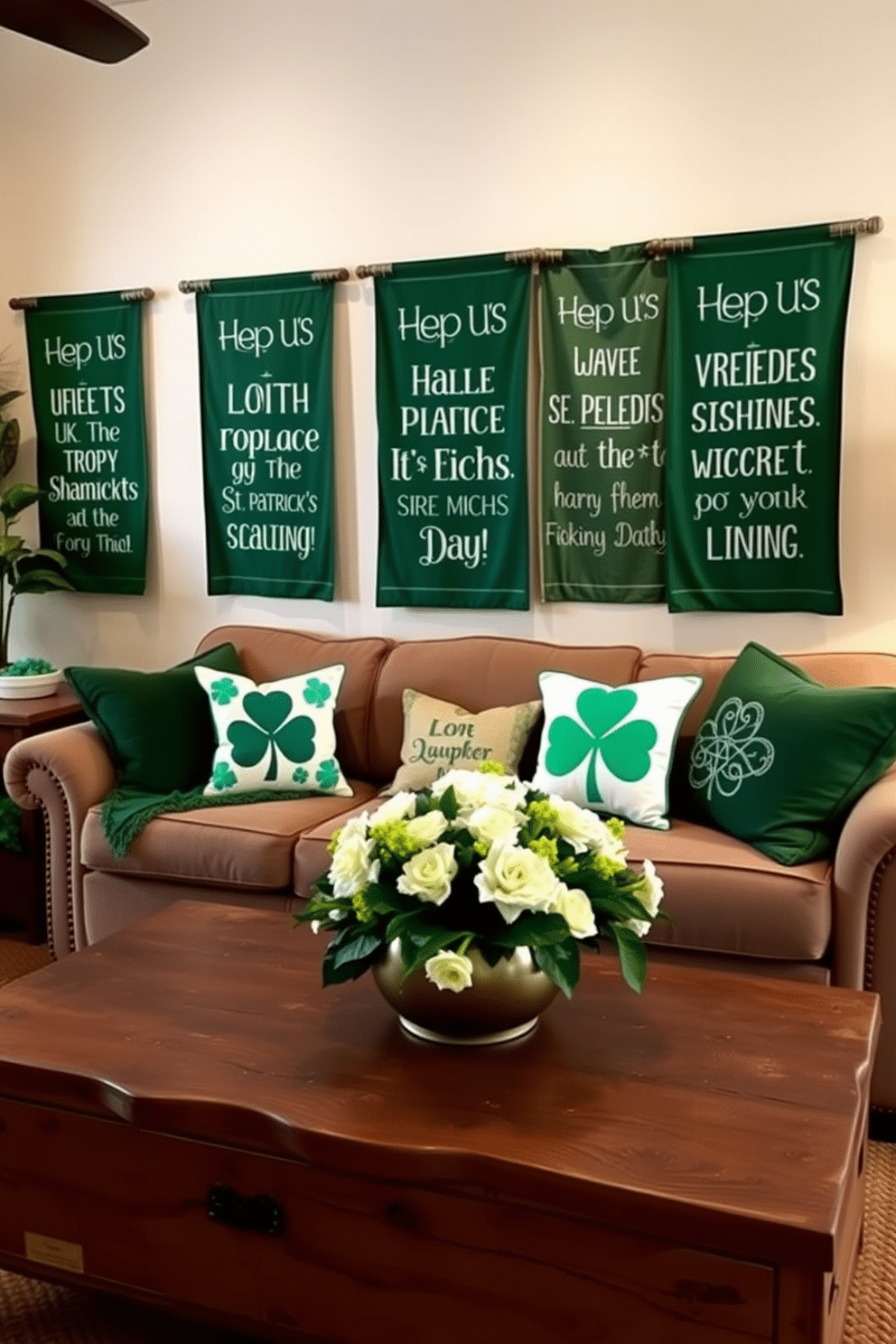 A cozy living room adorned with Irish quote banners celebrating St. Patrick's Day. The walls are decorated with vibrant green accents, while a plush sofa is adorned with festive throw pillows featuring shamrocks and Celtic designs. On a rustic coffee table, a centerpiece of fresh white and green flowers complements the holiday theme. Soft, warm lighting creates an inviting atmosphere, perfect for gathering with friends and family to celebrate the spirit of the occasion.