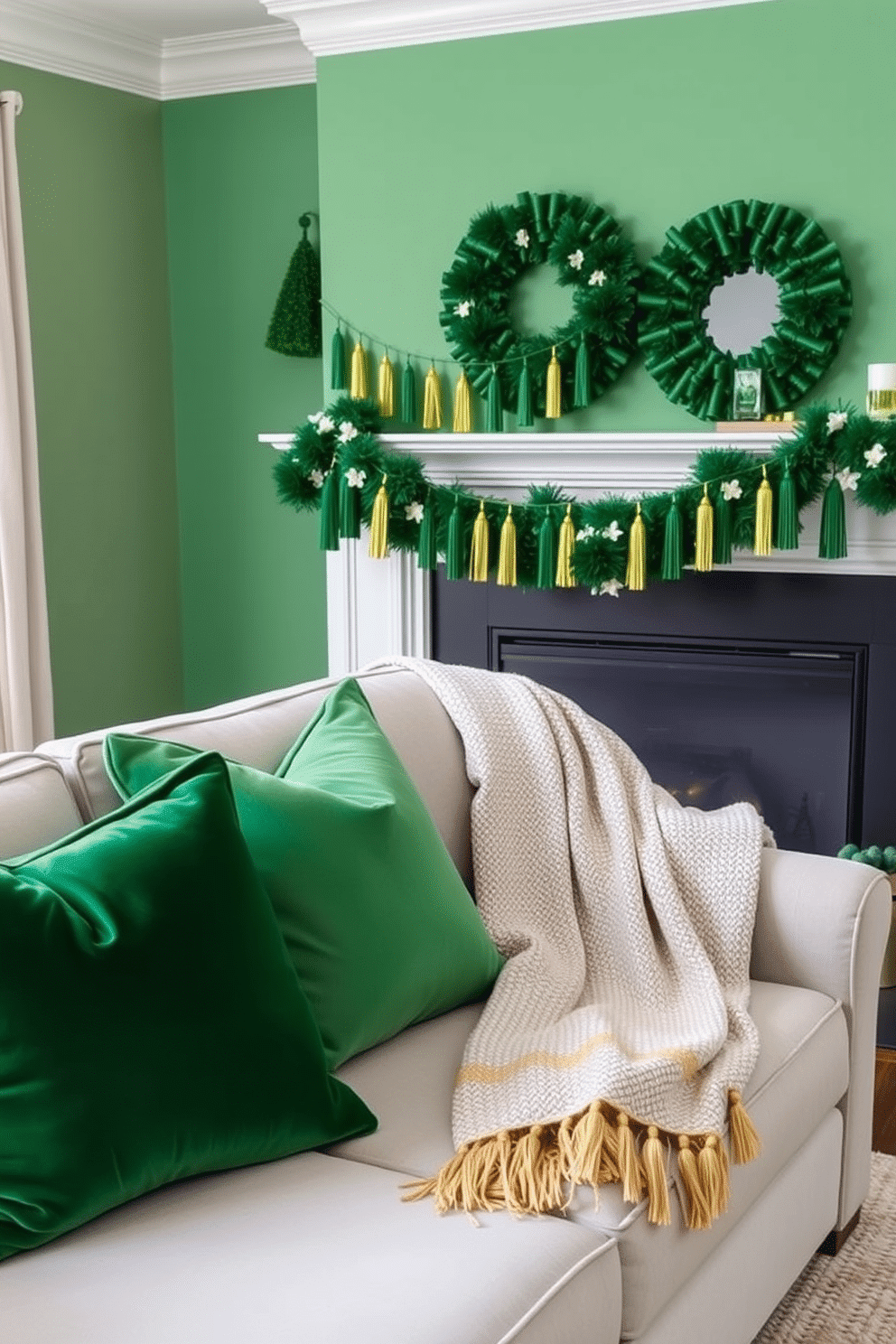 A vibrant living room adorned for St. Patrick's Day, featuring a green and gold tassel garland draped elegantly across the mantelpiece. Plush green cushions and a cozy throw blanket with gold accents are arranged on a light gray sofa, creating a festive yet sophisticated atmosphere.