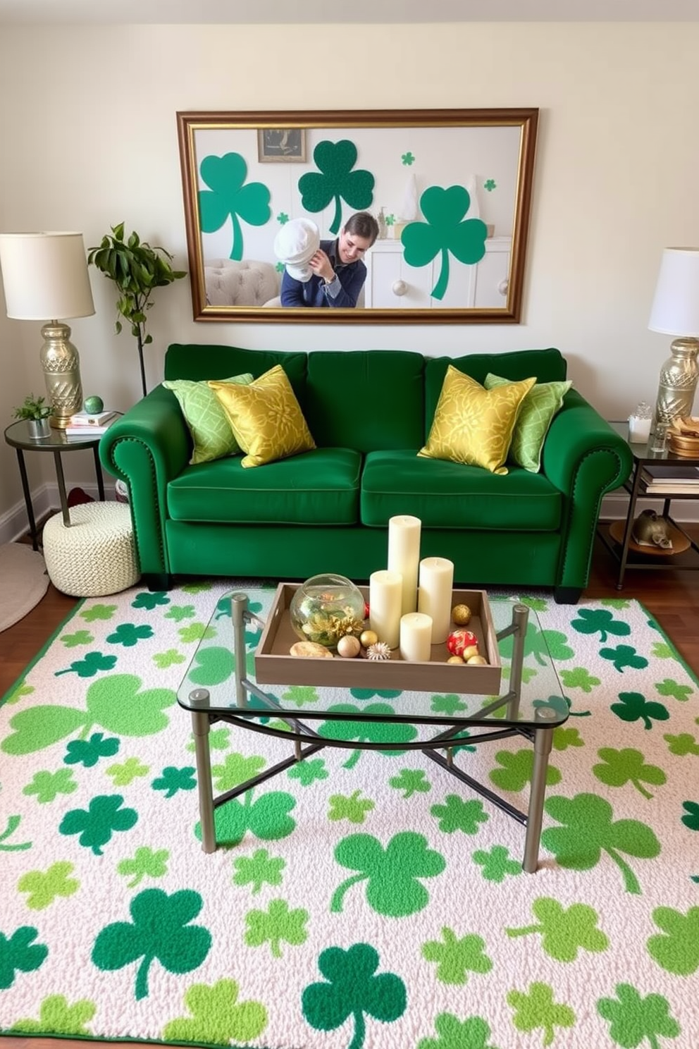 A cozy living room adorned with shamrock-patterned rugs that add a festive touch for St. Patrick's Day. The space features a plush green sofa, accented with gold pillows, and a coffee table topped with a decorative tray of candles and seasonal decorations.