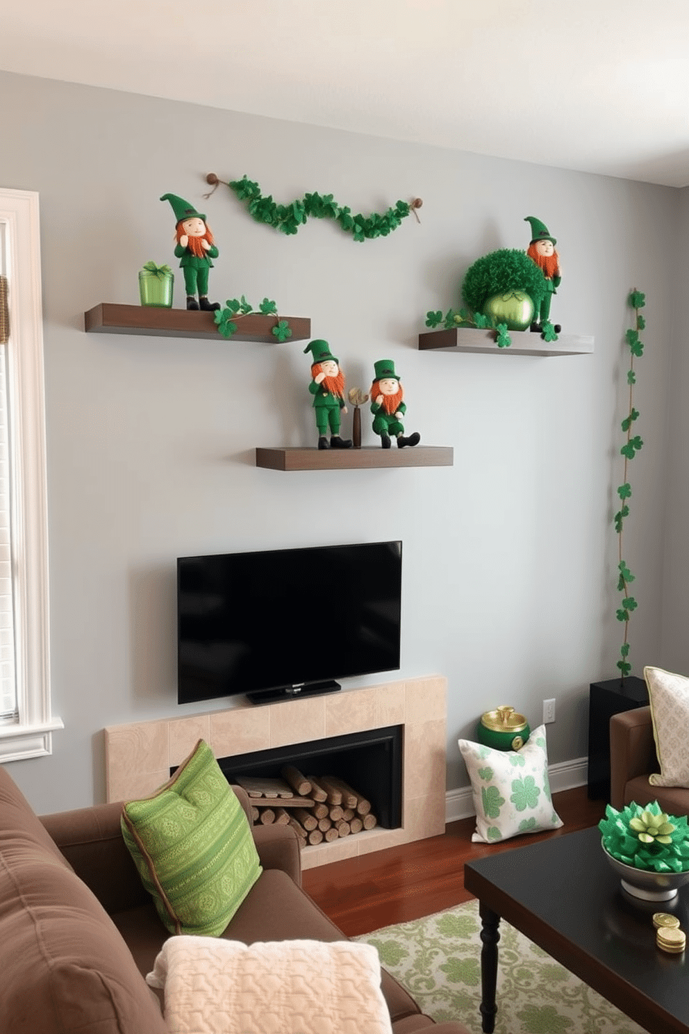 Leprechaun figurines are playfully arranged on floating shelves in a cozy living room, adding a whimsical touch to the St. Patrick's Day decor. The shelves are adorned with vibrant green accents, including shamrock garlands and gold coins, creating a festive atmosphere that celebrates the holiday.