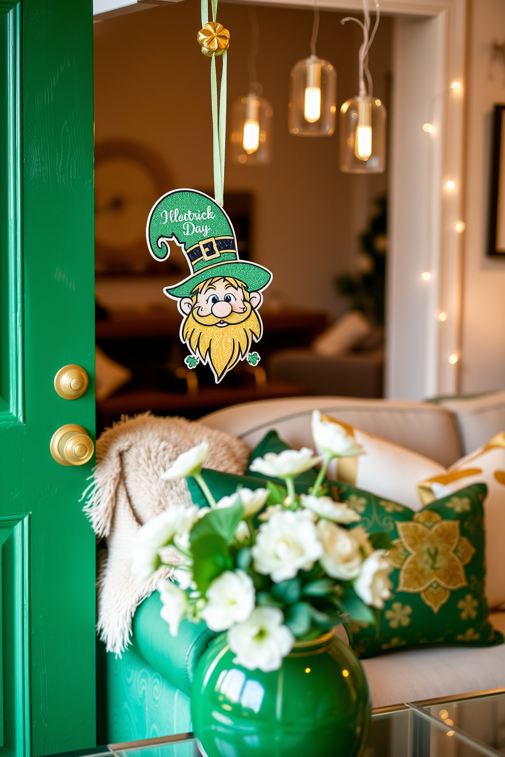 A whimsical leprechaun door hanger dangles cheerfully from a vibrant green door, adorned with gold accents and playful shamrocks. The hanger features a friendly leprechaun with a mischievous grin, inviting guests to celebrate the spirit of St. Patrick's Day. In the living room, a festive arrangement showcases a mix of green and gold decor, with plush throw pillows and a cozy blanket draped over a stylish sofa. A centerpiece of fresh white flowers in a green vase adds a touch of elegance, while twinkling fairy lights create a warm and inviting atmosphere.