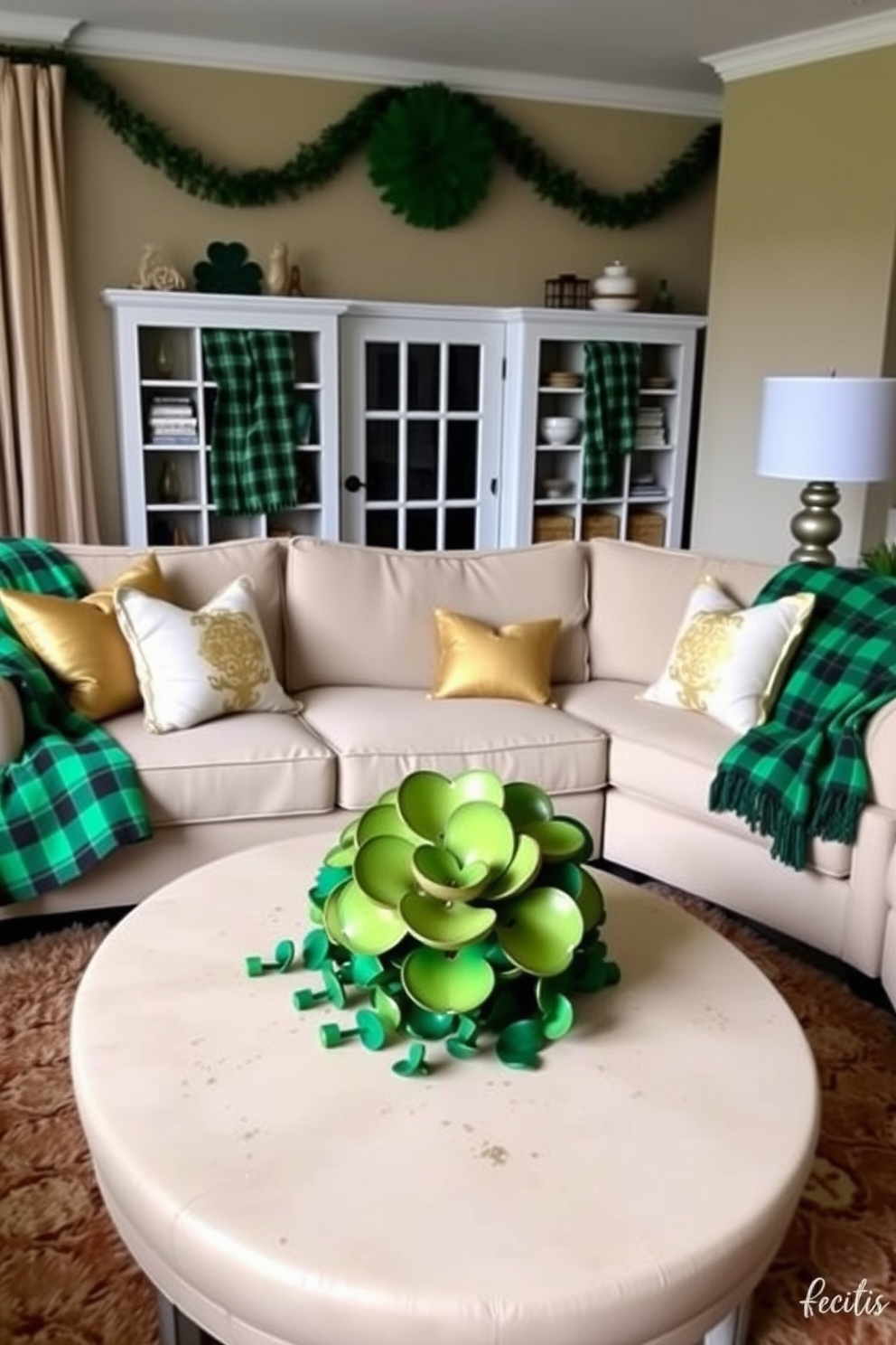 A cozy living room adorned for St. Patrick's Day features a large, inviting sofa draped with green plaid blankets, adding warmth and texture to the space. The room is accented with decorative pillows in shades of gold and white, while a vibrant shamrock centerpiece sits on the coffee table, enhancing the festive atmosphere.