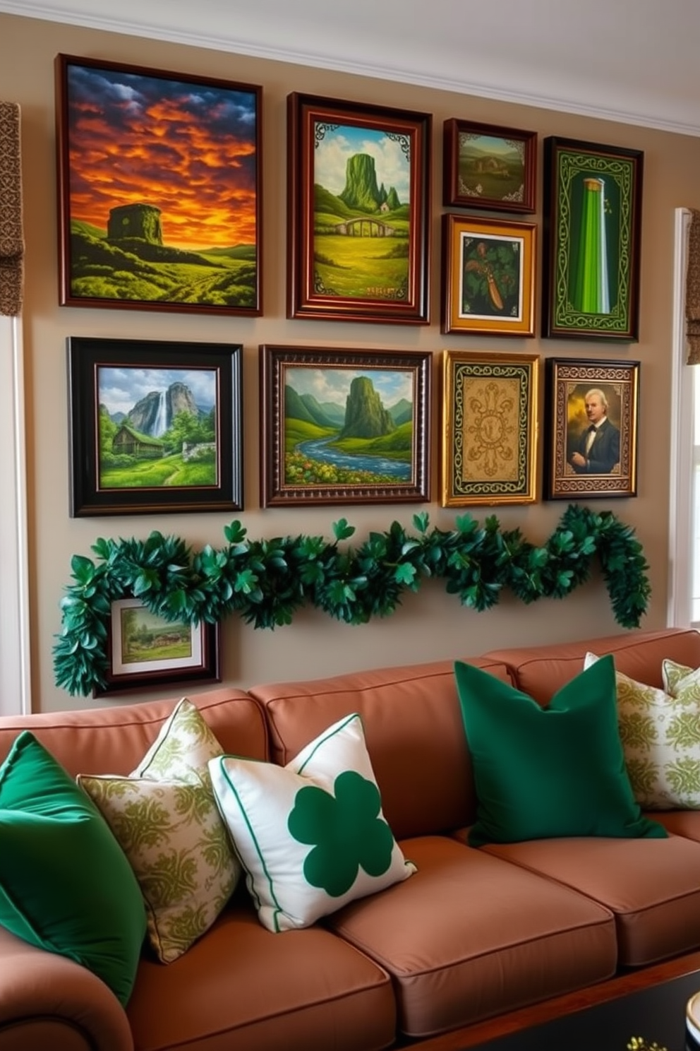 A cozy living room adorned with Irish-themed wall art, featuring vibrant landscapes of the Emerald Isle and traditional Celtic designs. The space is enhanced with green and gold accents, including throw pillows and a festive garland, creating a warm and inviting atmosphere for St. Patrick's Day celebrations.