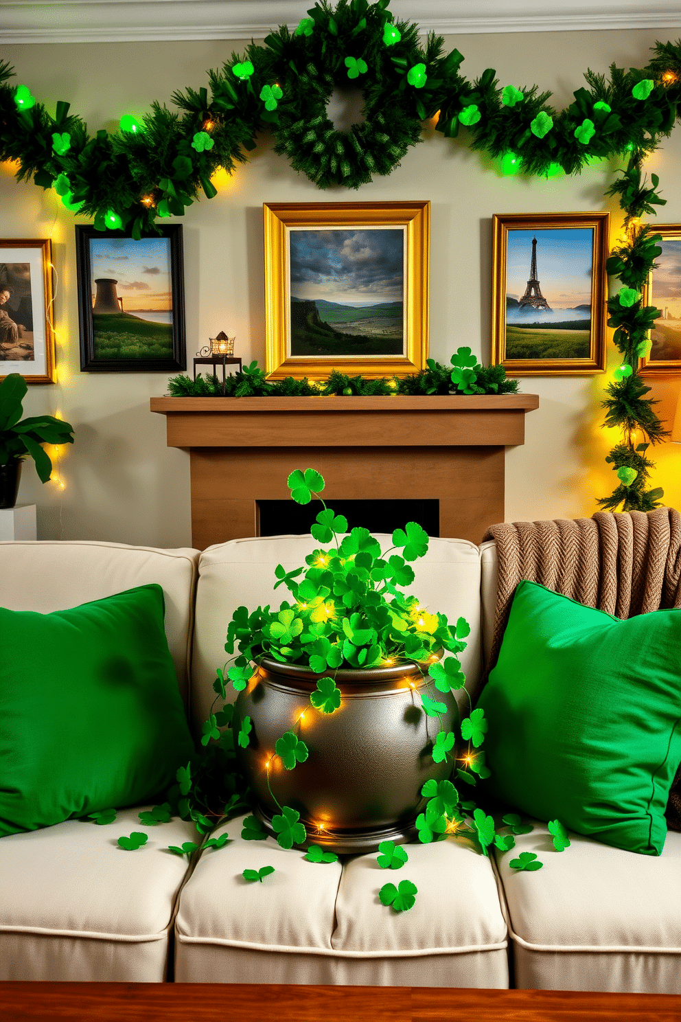 A vibrant living room setting adorned for St. Patrick's Day. In the center, a pot of gold serves as a striking centerpiece, surrounded by lush green shamrocks and twinkling fairy lights. The walls are decorated with festive garlands and framed artwork featuring Irish landscapes. Plush green cushions and a cozy throw blanket are arranged on a stylish sofa, inviting warmth and celebration.