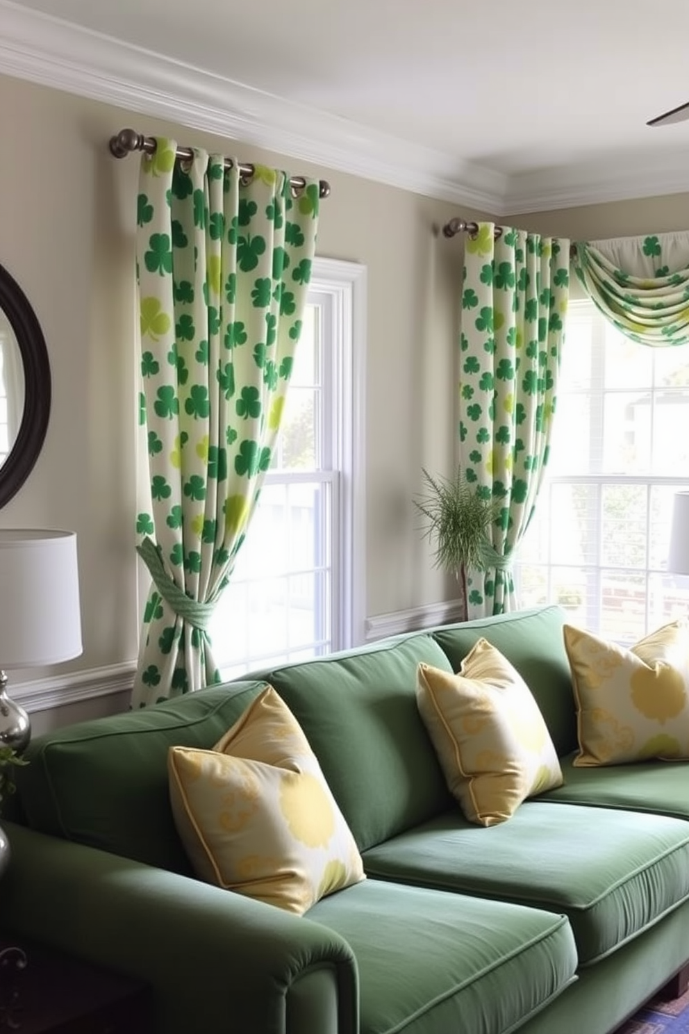 A cozy living room adorned for St. Patrick's Day features shamrock-patterned curtains that gently frame the windows, letting in soft, natural light. The curtains cascade down to a plush green sofa, accented with gold and white throw pillows, creating a festive yet elegant atmosphere.